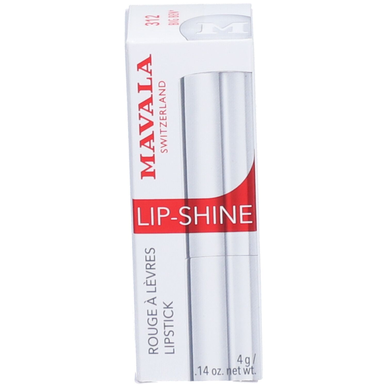 Emballage blanc avec bande rouge. Imprimé : MAVALA, LIP-SHINE, Rouge à lèvres, Lipstick. Produit et emballage.