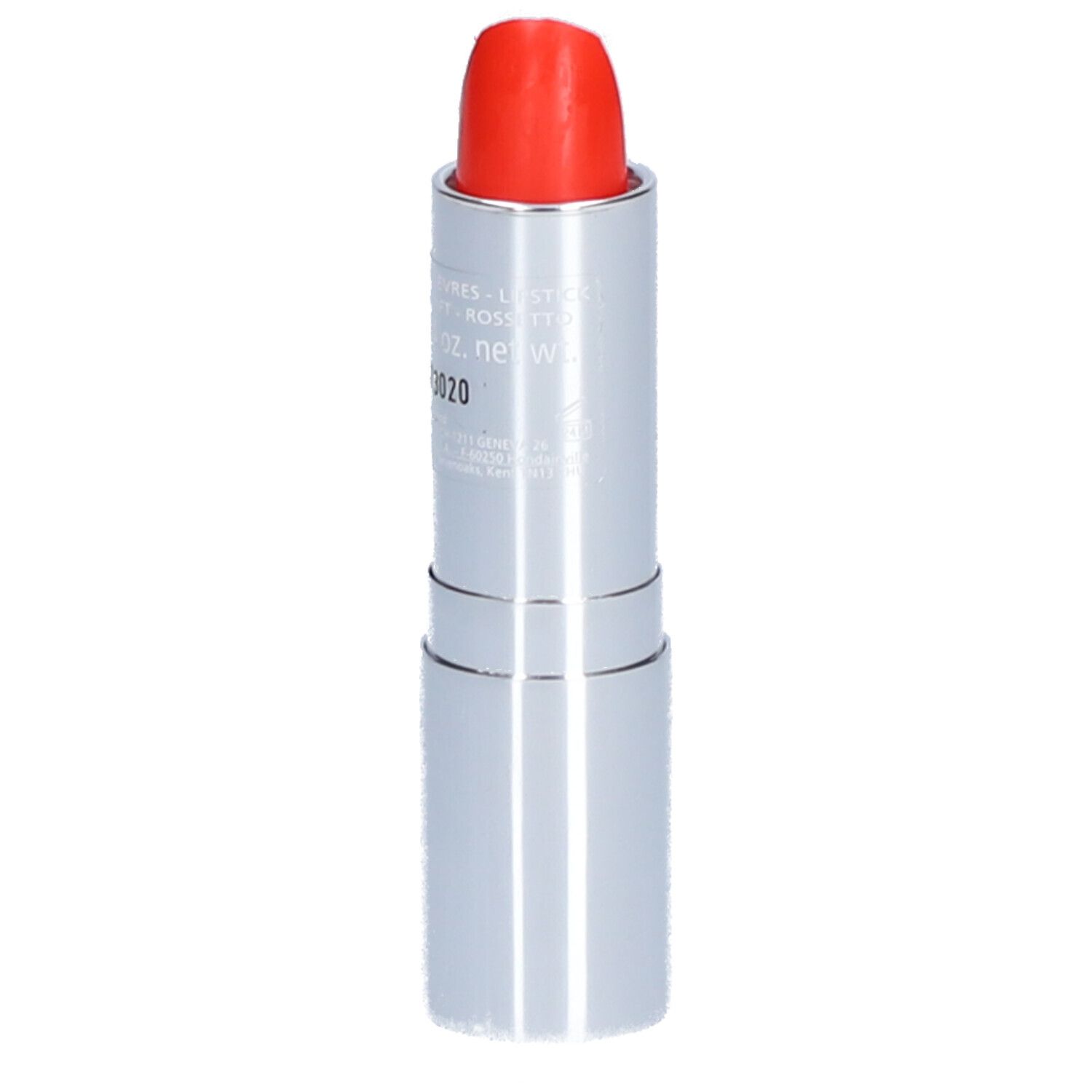 Lippenstift mit roter Spitze in silberner Hülse. Aufschrift auf dem Stift.