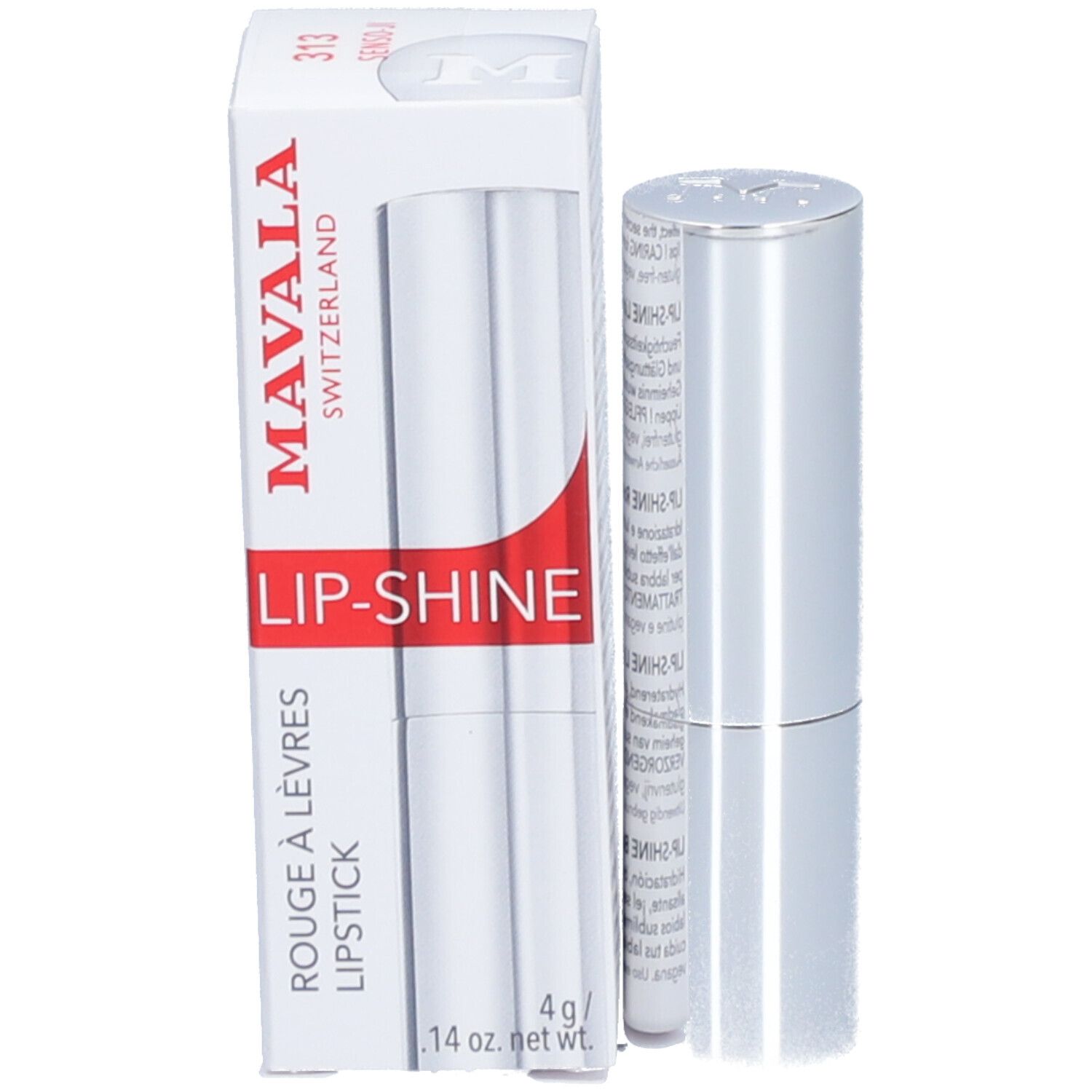 Lippenstift mit Verpackung. Auf der Verpackung steht 'MAVALA SWITZERLAND LIP-SHINE'.