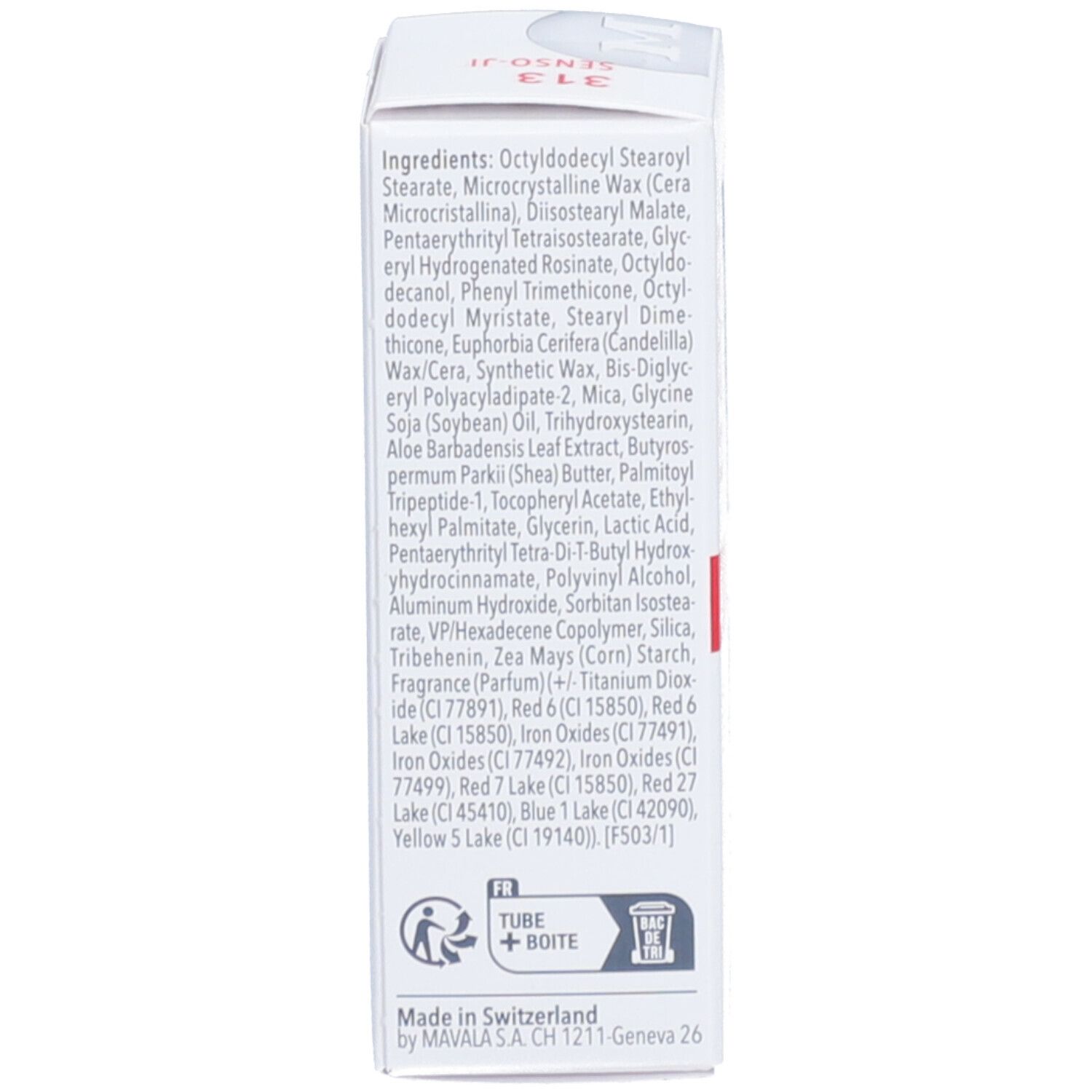 Verpackung mit Inhaltsstoffen und Informationen. Text in mehreren Sprachen.