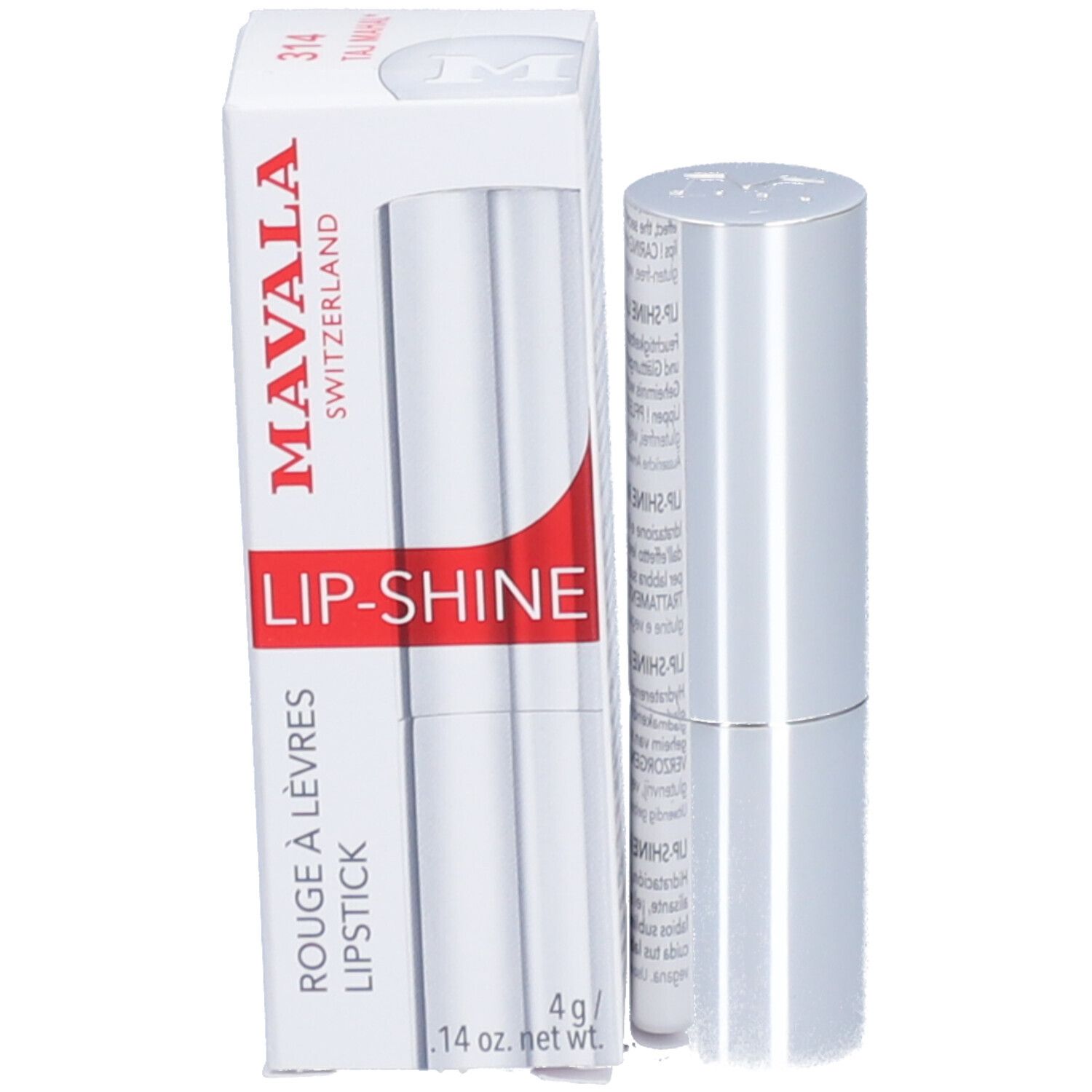 Emballage avec rouge à lèvres. "MAVALA LIP-SHINE" est écrit sur l'emballage. Le rouge à lèvres est dans un étui argenté.