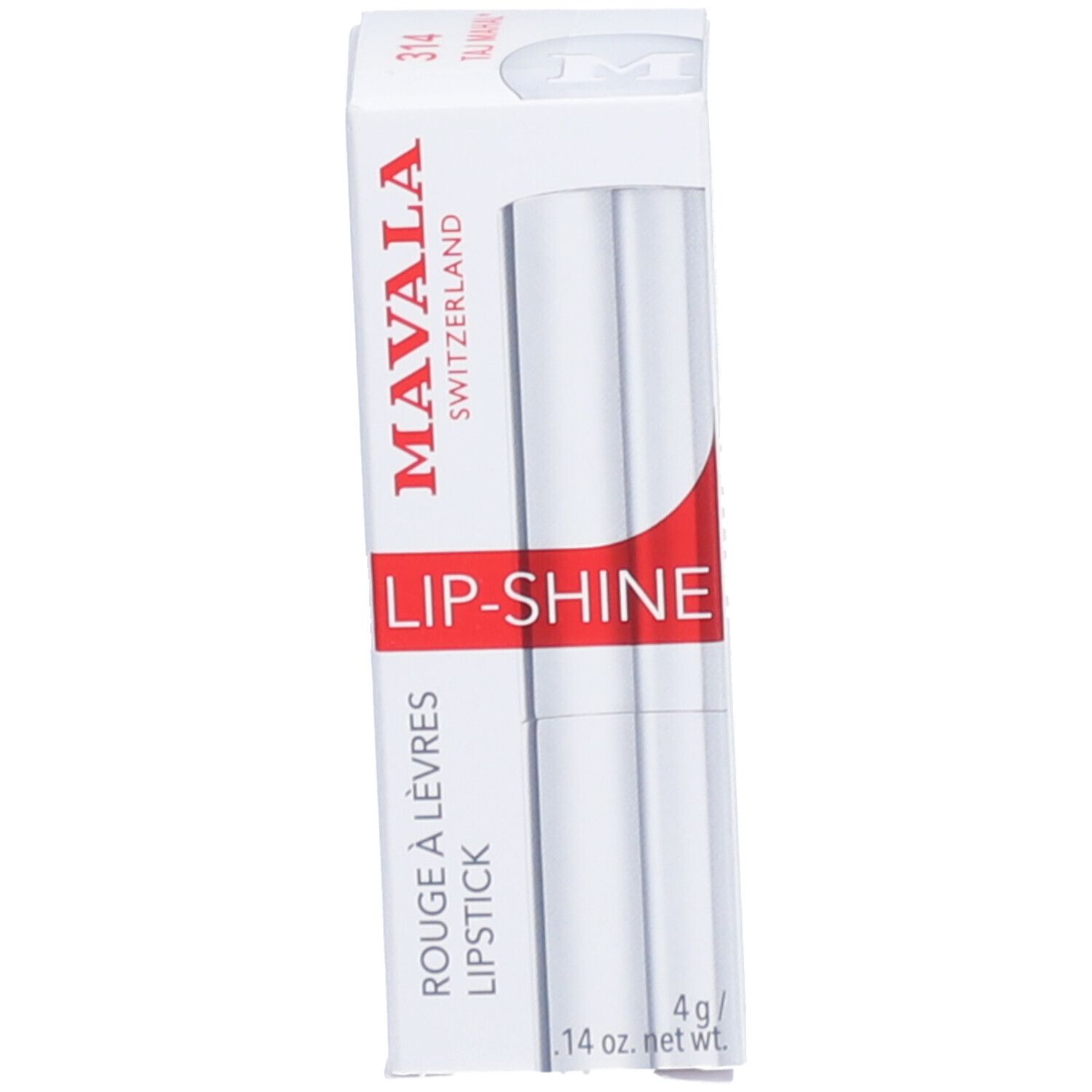 Emballage avec rouge à lèvres. "MAVALA LIP-SHINE" est écrit sur l'emballage. Le rouge à lèvres est dans un étui argenté.
