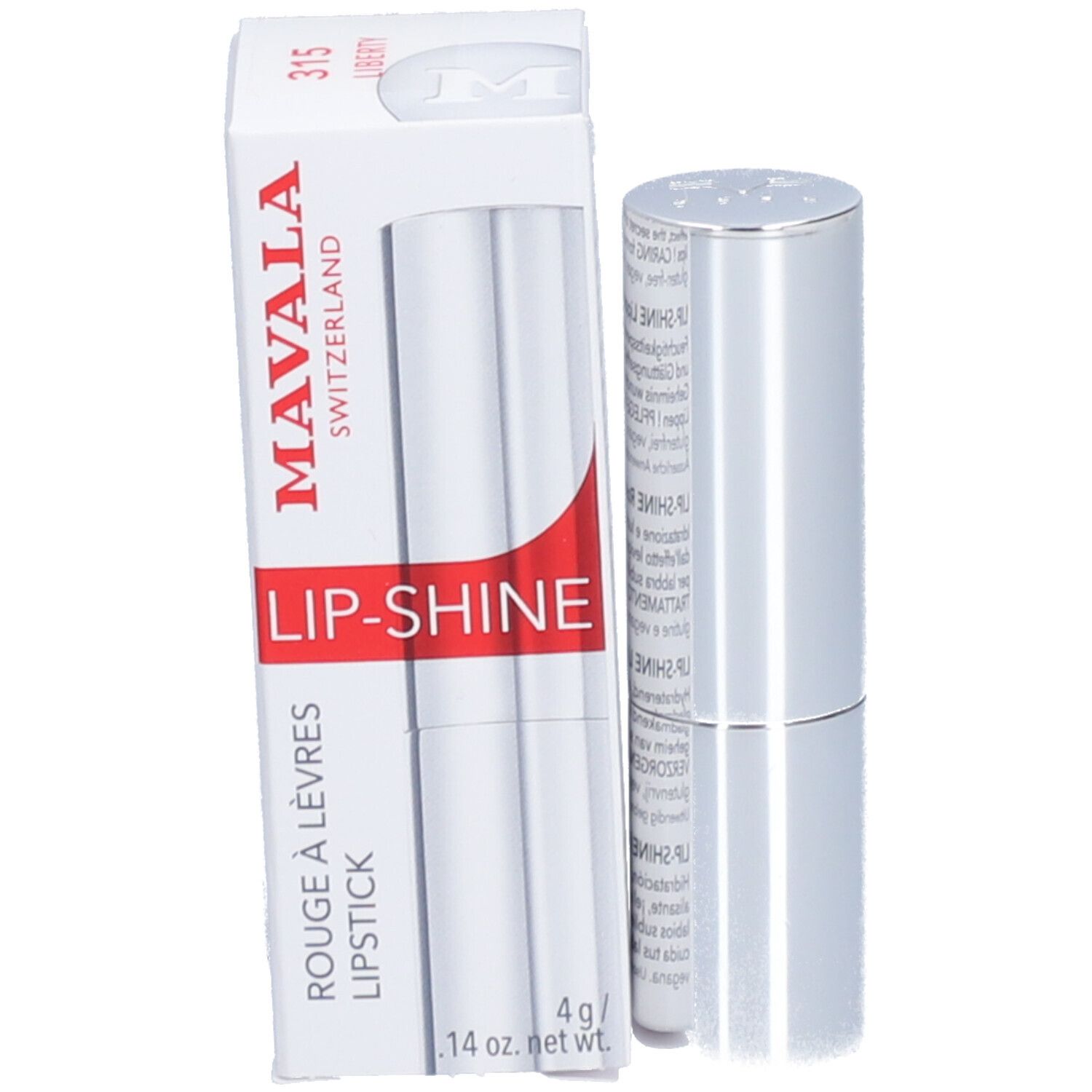 Weißer Karton mit Lippenstiften und silberner Hülse. Aufdruck: Mavala, Lip-Shine, Lipstick.