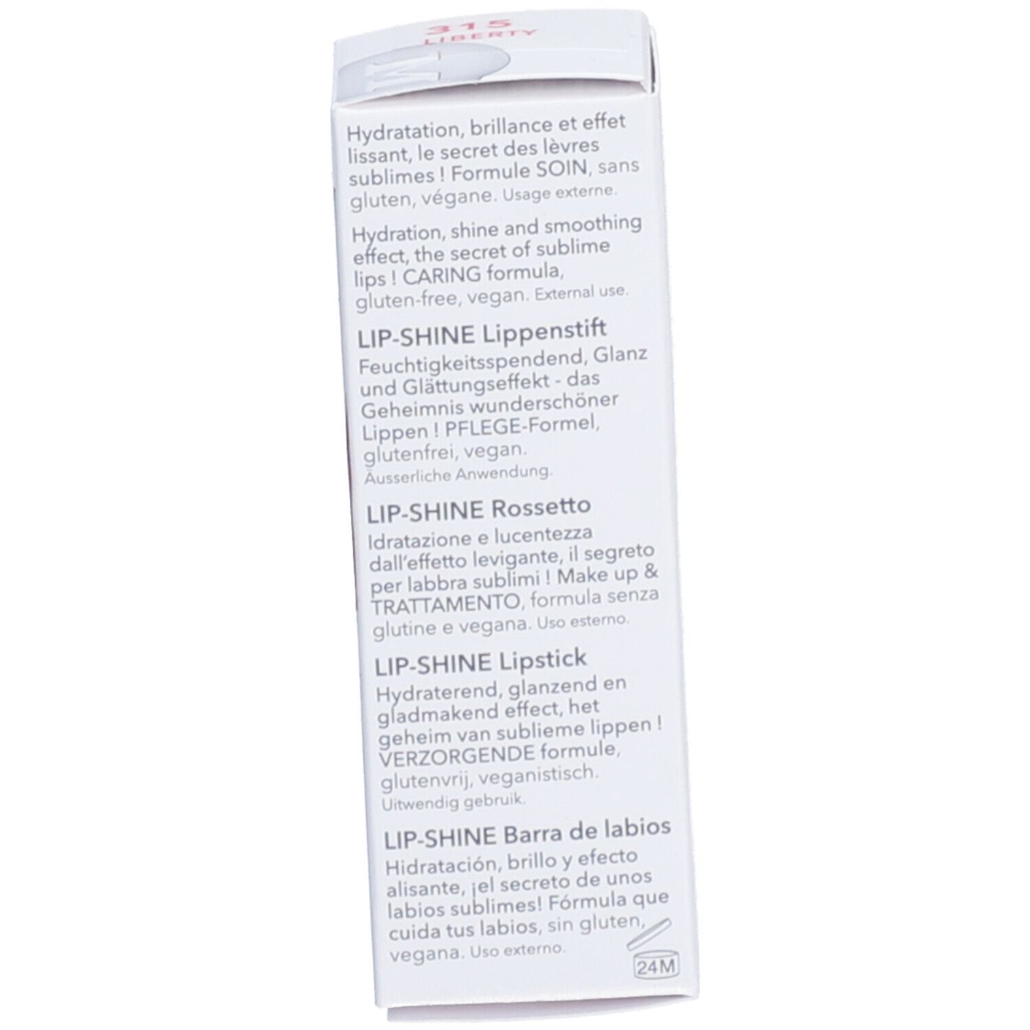Seite der weißen Verpackung. Text in verschiedenen Sprachen: Lip-Shine, Lippenstift, etc.