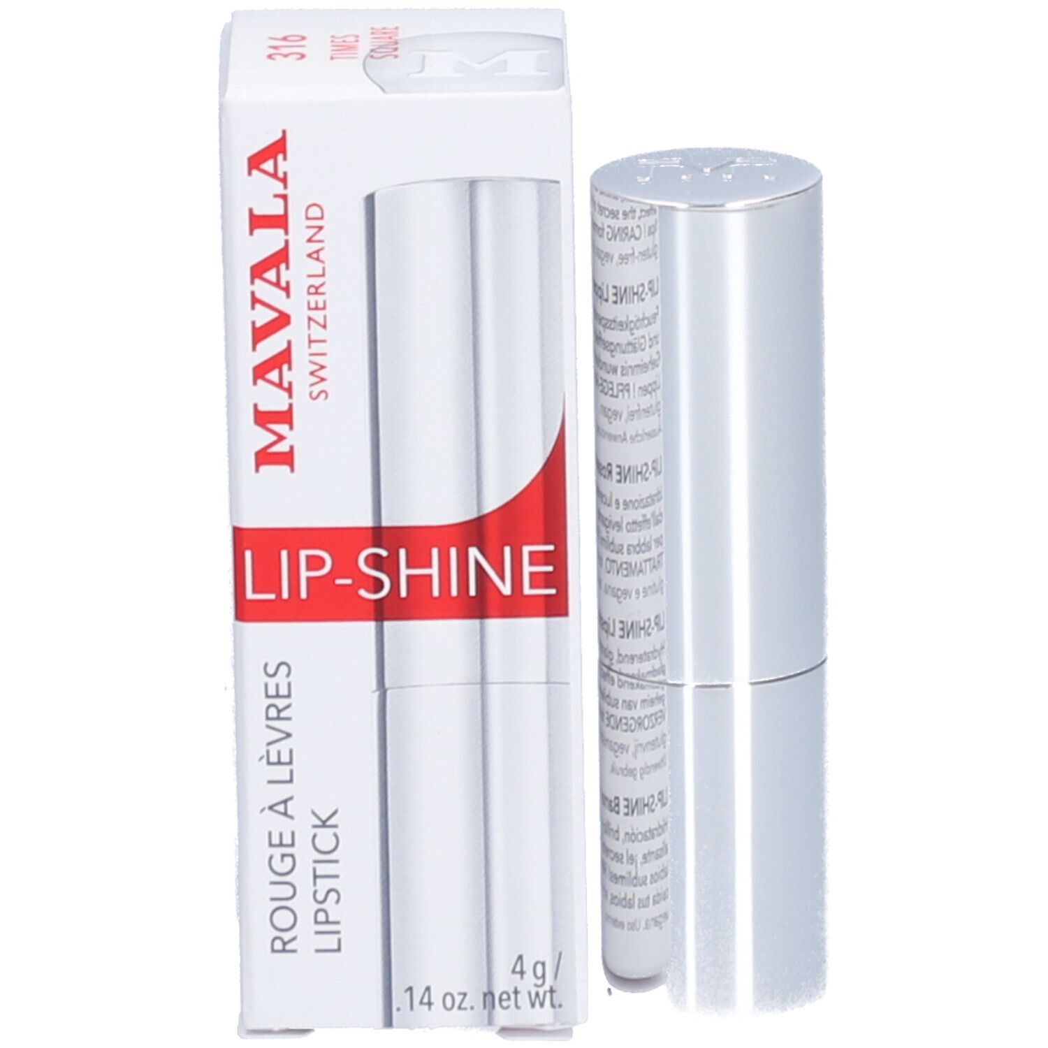 Lippenstift mit Verpackung. Aufschrift: MAVALA SWITZERLAND, LIP-SHINE, ROUGE À LÈVRES LIPSTICK, 4 g / .14 oz. net.
