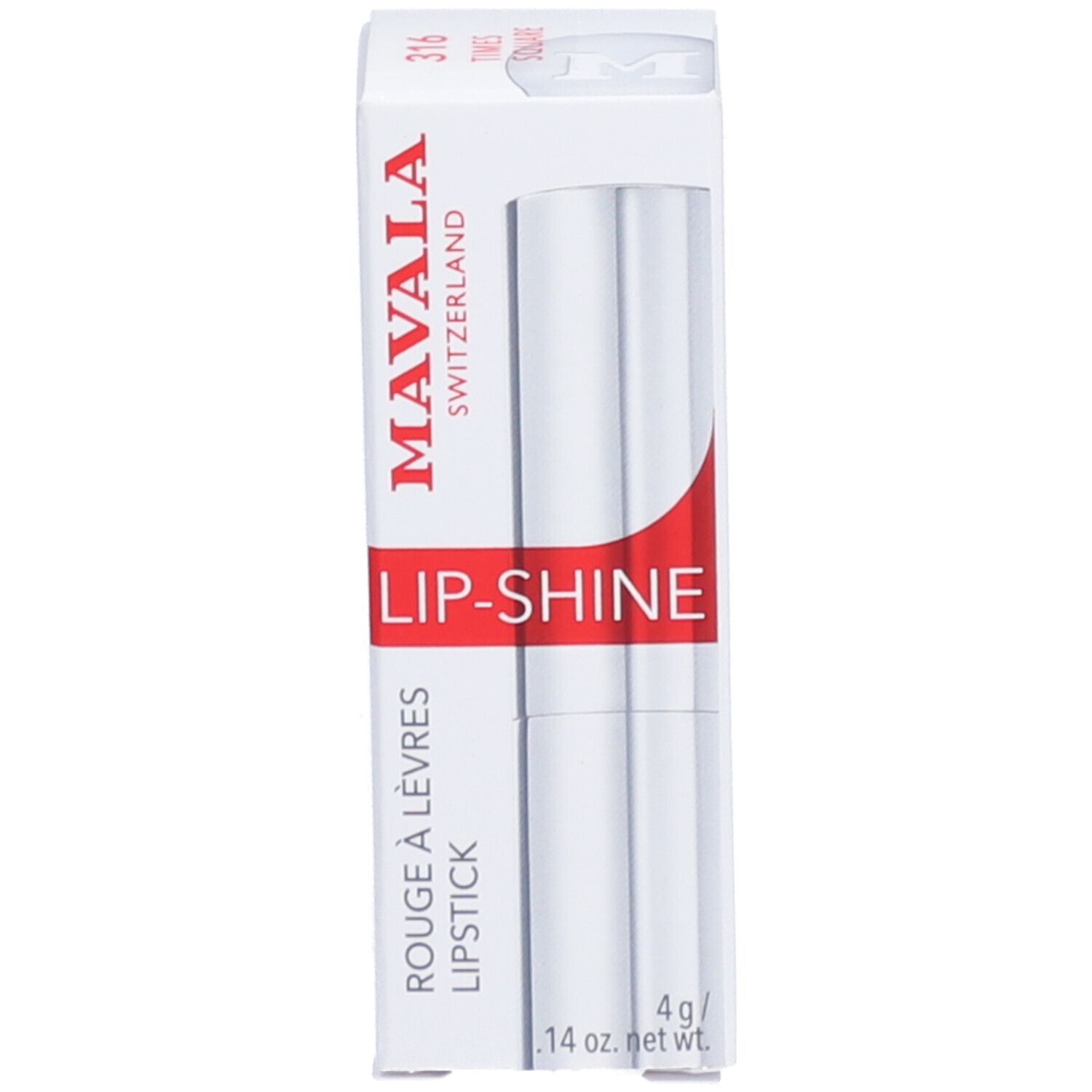Lippenstift mit Verpackung. Aufschrift: MAVALA SWITZERLAND, LIP-SHINE, ROUGE À LÈVRES LIPSTICK, 4 g / .14 oz. net.