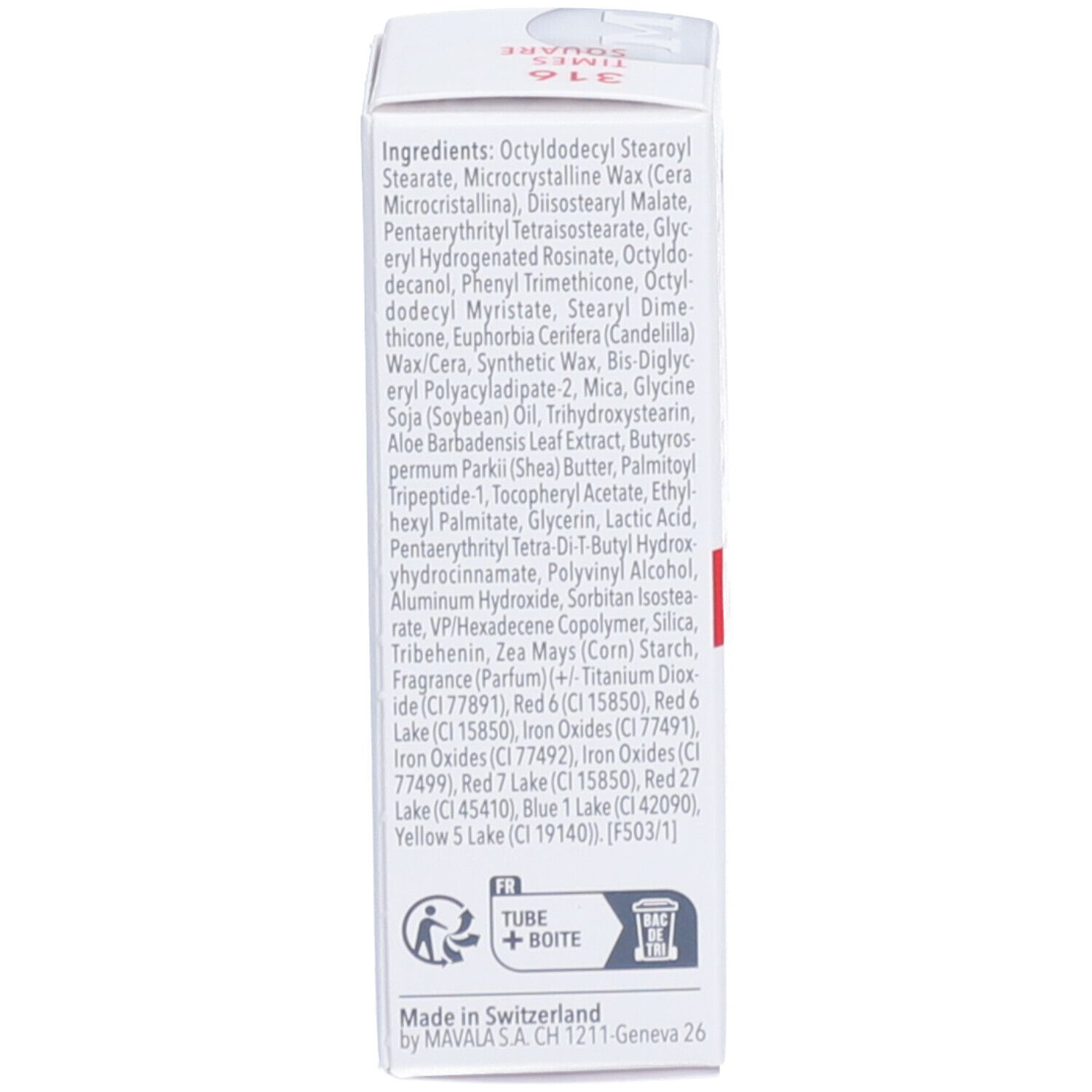 Verpackung mit Inhaltsstoffen und Text. Aufschrift: Ingredients, Made in Switzerland by MAVALA S.A. CH 1211 Geneva 26.