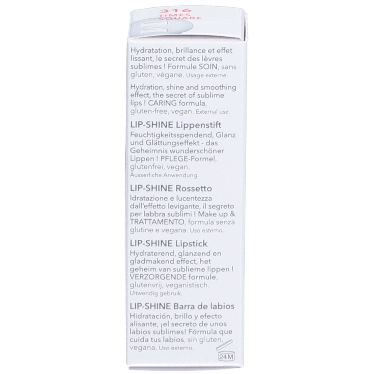 Verpackung mit Text in mehreren Sprachen. Aufschrift: LIP-SHINE, LIP-SHINE Rossetto, LIP-SHINE Lipstick, etc.