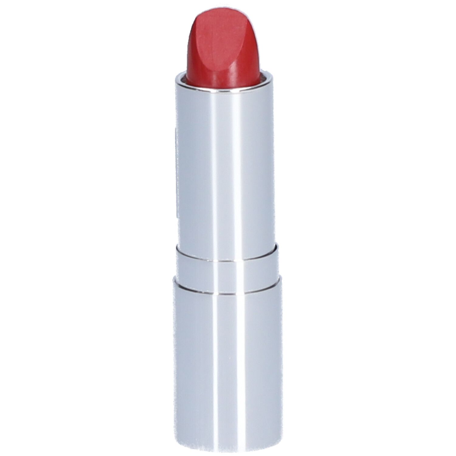 Roter Lippenstift in silberner Hülse. Spitze leicht abgerundet.
