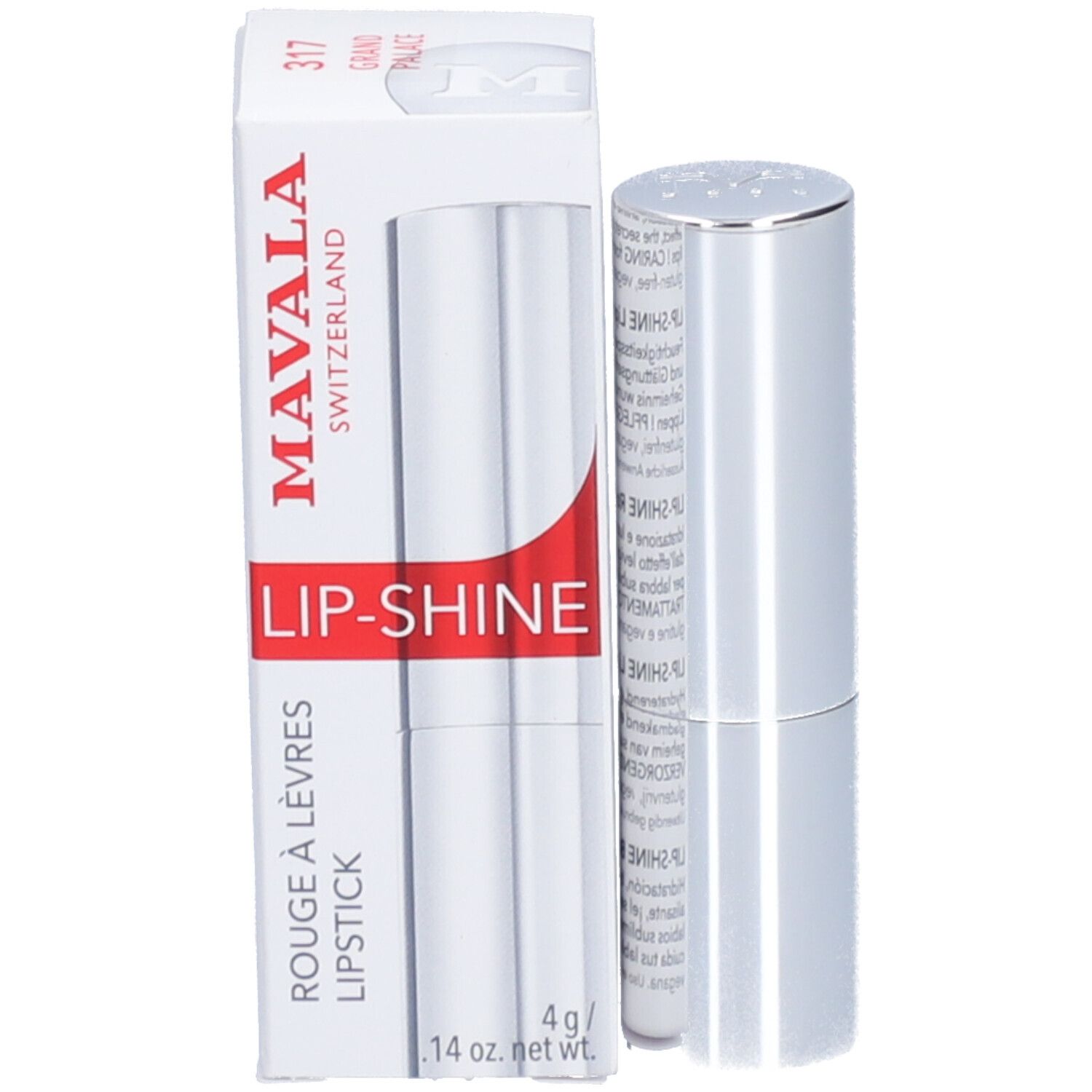 Lippenstift und Verpackung. Auf der Verpackung steht: MAVALA LIP-SHINE Lipstick.