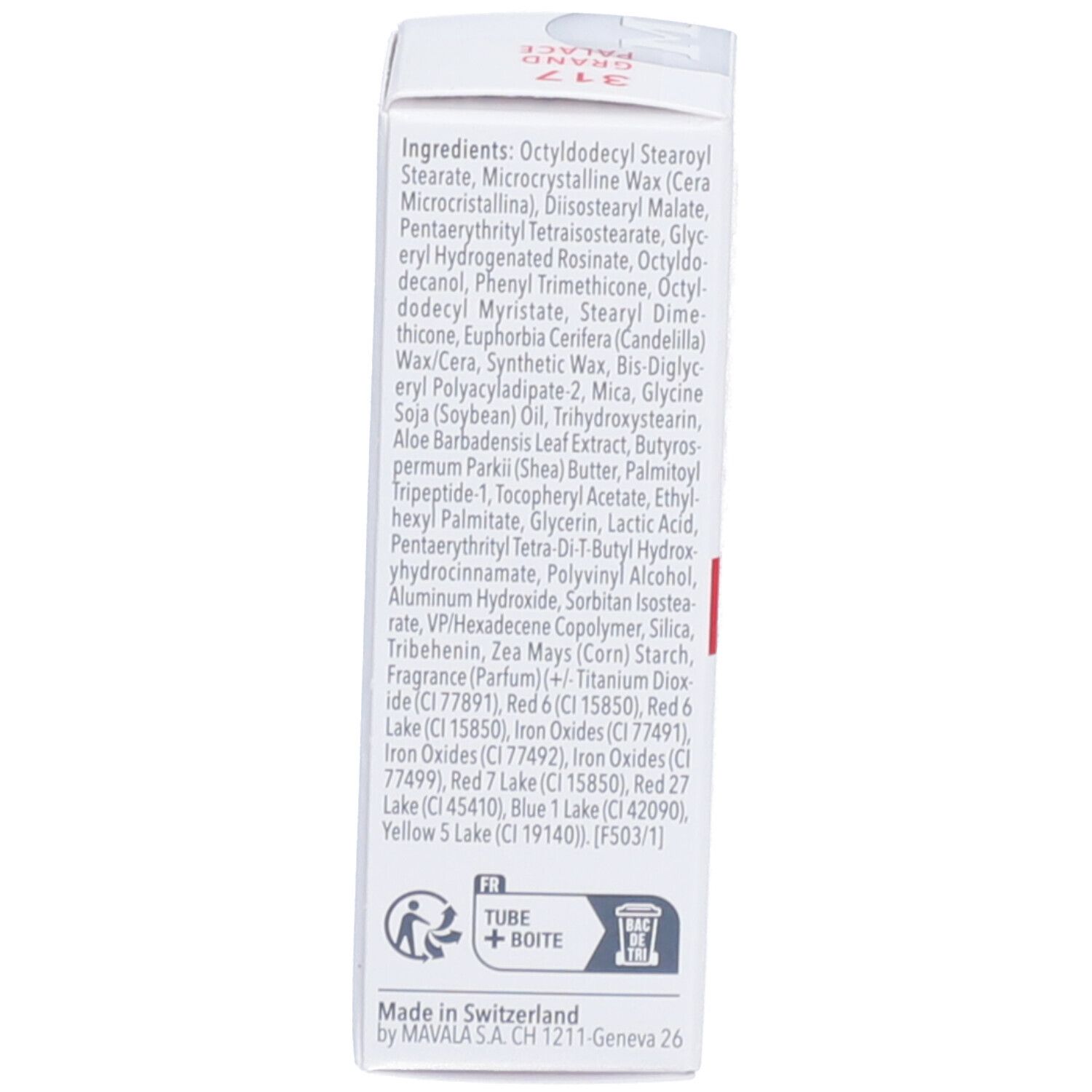 Verpackung mit Inhaltsstoffen. Text in Englisch und Französisch.