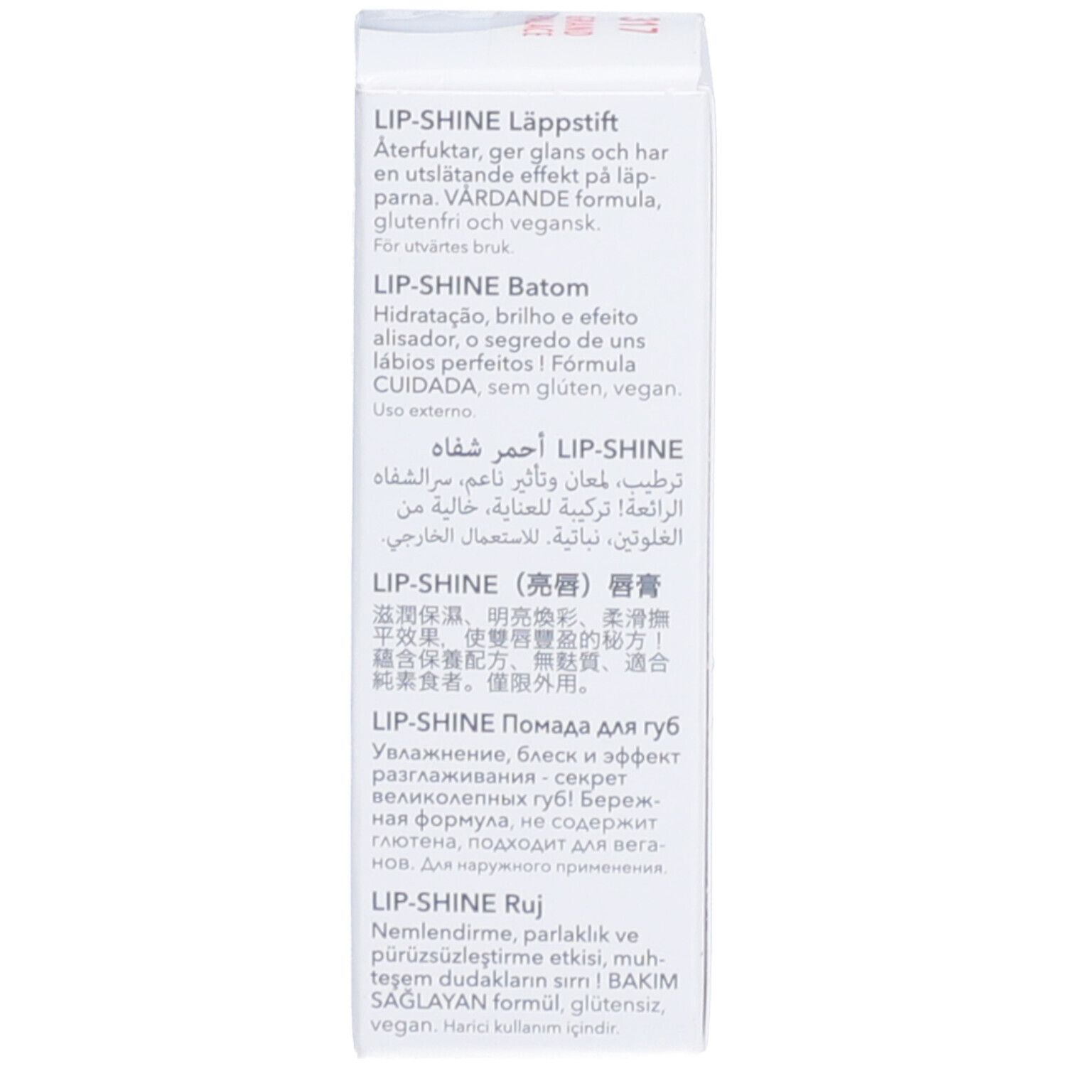 Verpackung mit Text in mehreren Sprachen. Enthält Informationen zum Produkt.