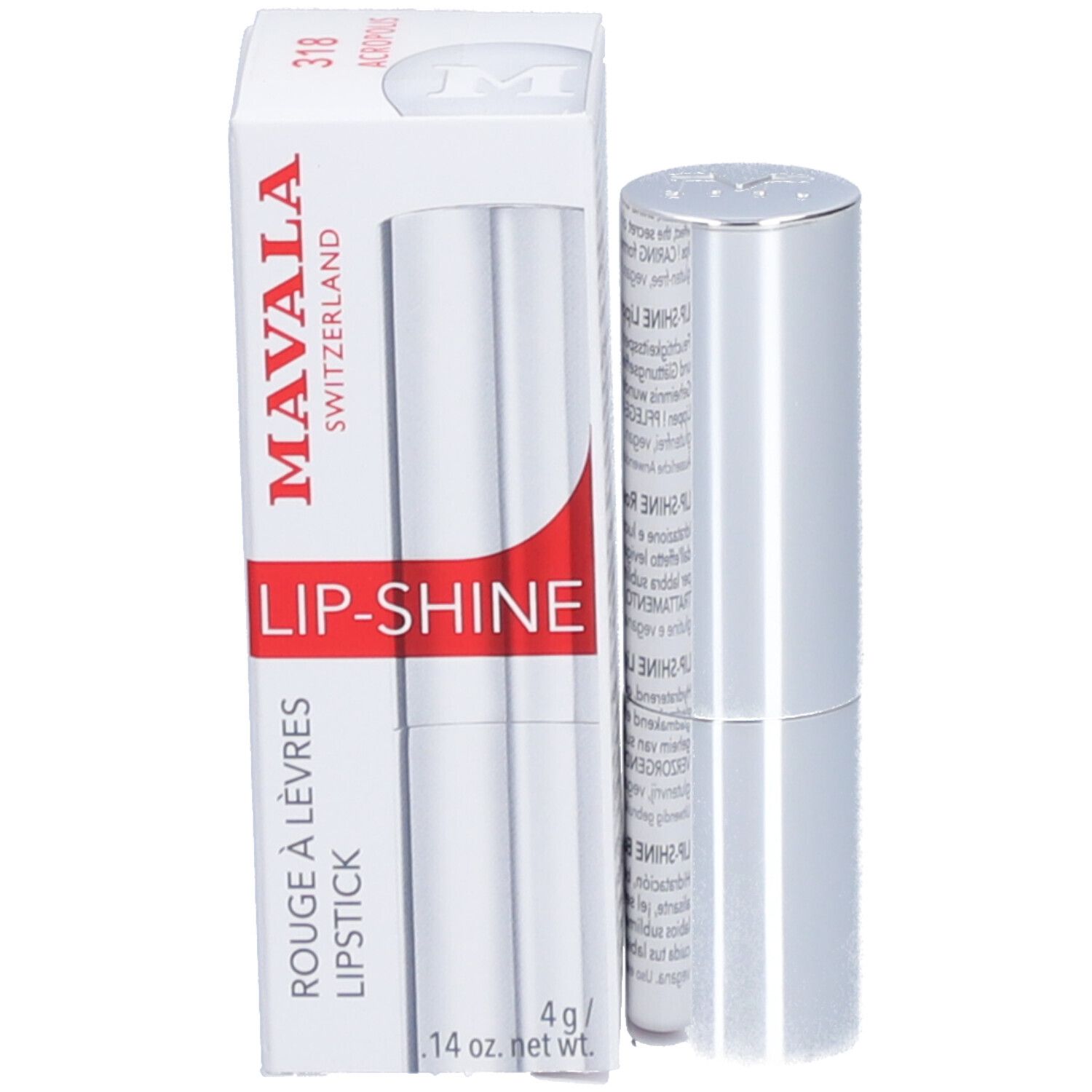 Verpackung mit Lippenstift und silberner Hülse. Aufschrift: MAVALA SWITZERLAND, LIP-SHINE, 4g / .14 oz. net wt.