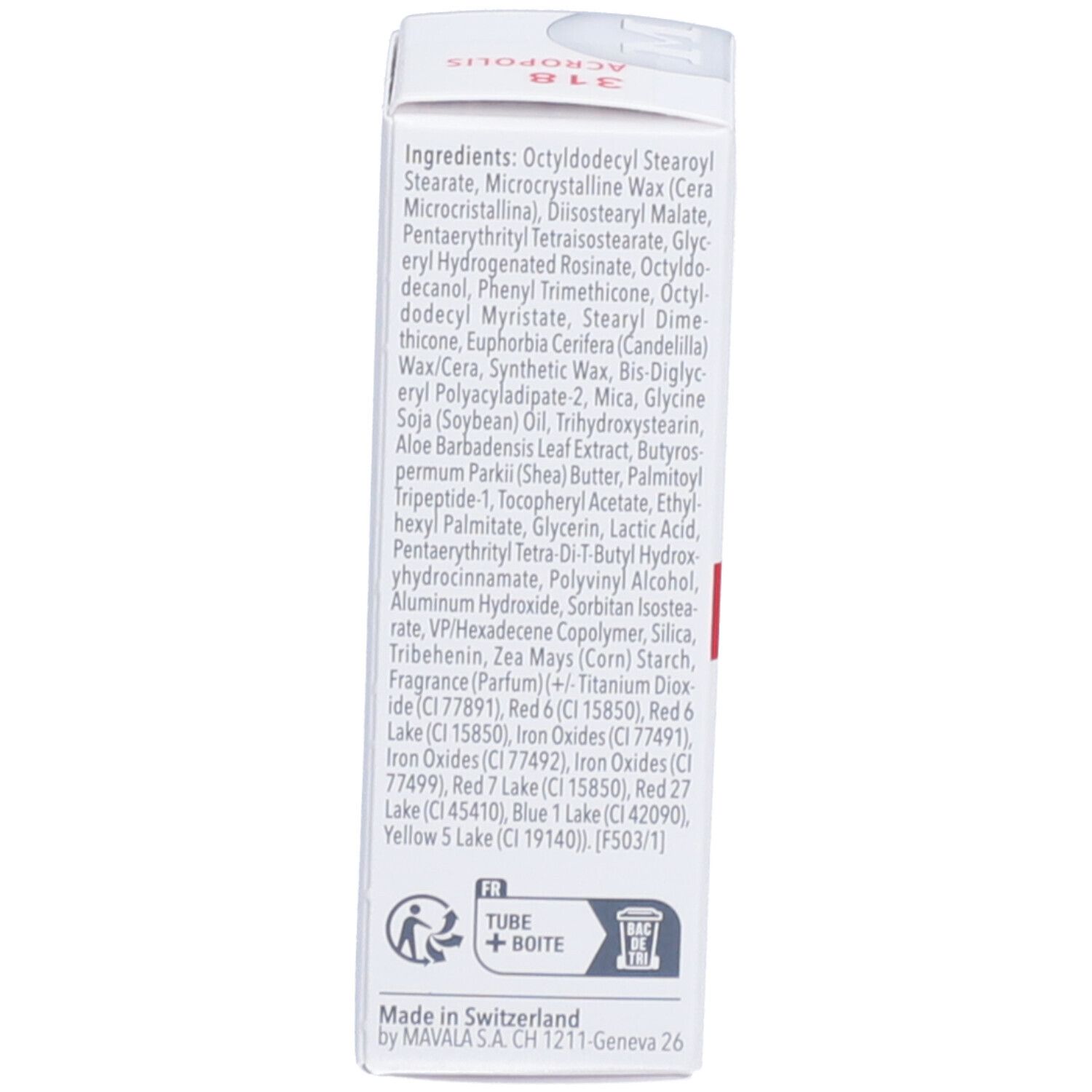 Rückseite der Verpackung mit Inhaltsstoffen und Informationen. Aufschrift: Made in Switzerland, FR, Tube + Boîte.