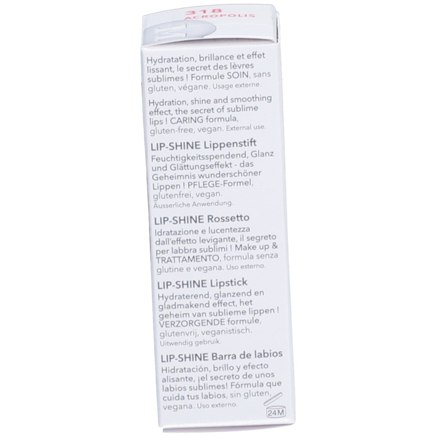 Verpackungstext mit Produktinformationen in verschiedenen Sprachen. Aufschrift: LIP-SHINE, Pflegeformel, glutenfrei, vegan.