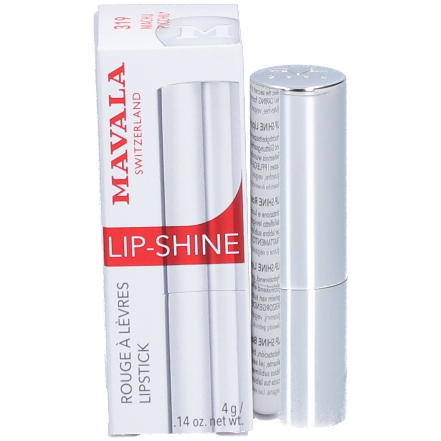 Emballage avec rouge à lèvres et étui argenté. Inscription : MAVALA SWITZERLAND, LIP-SHINE, LIPSTICK, 4 g / .14 oz. net.