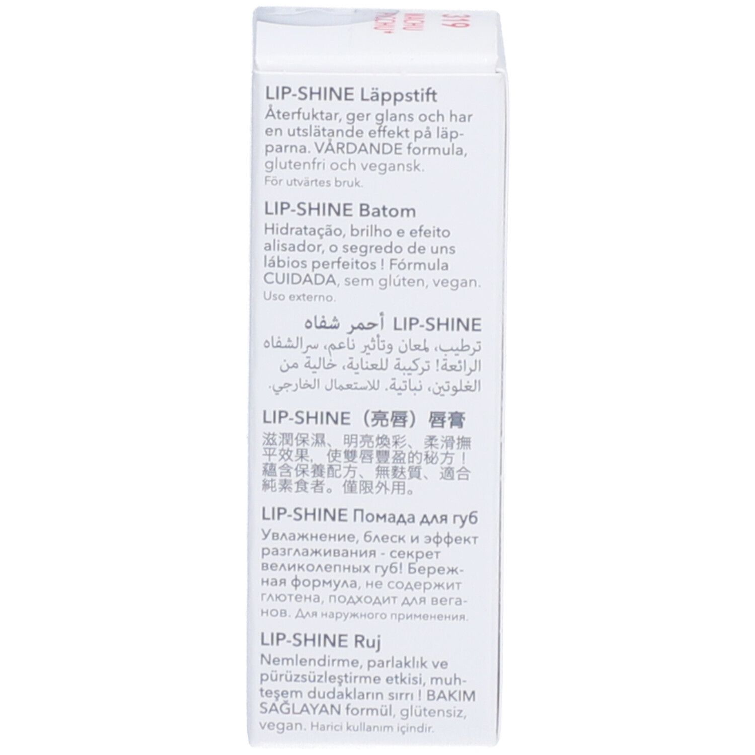 Emballage avec informations produit multilingues. Inscription : LIP-SHINE, sans gluten, vegan.