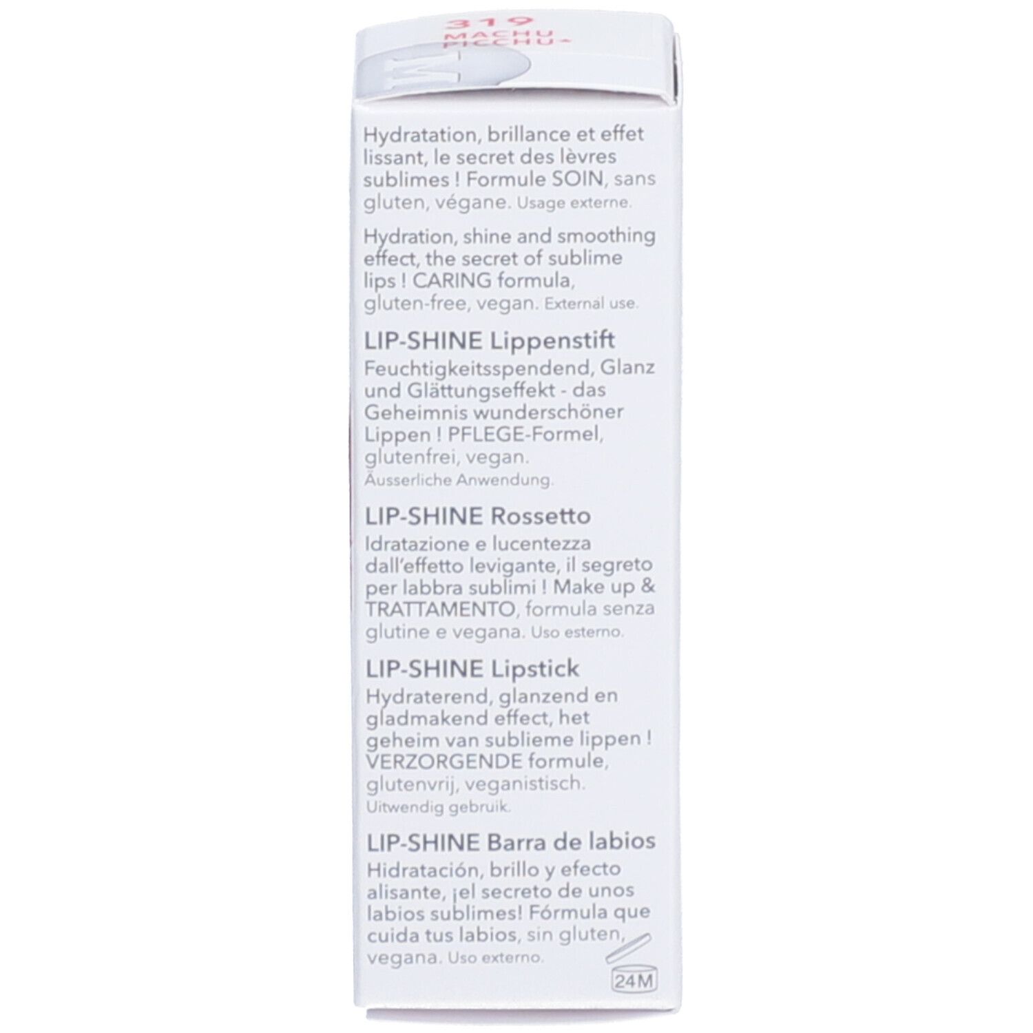 Emballage avec informations produit multilingues. Inscription : LIP-SHINE, sans gluten, vegan.