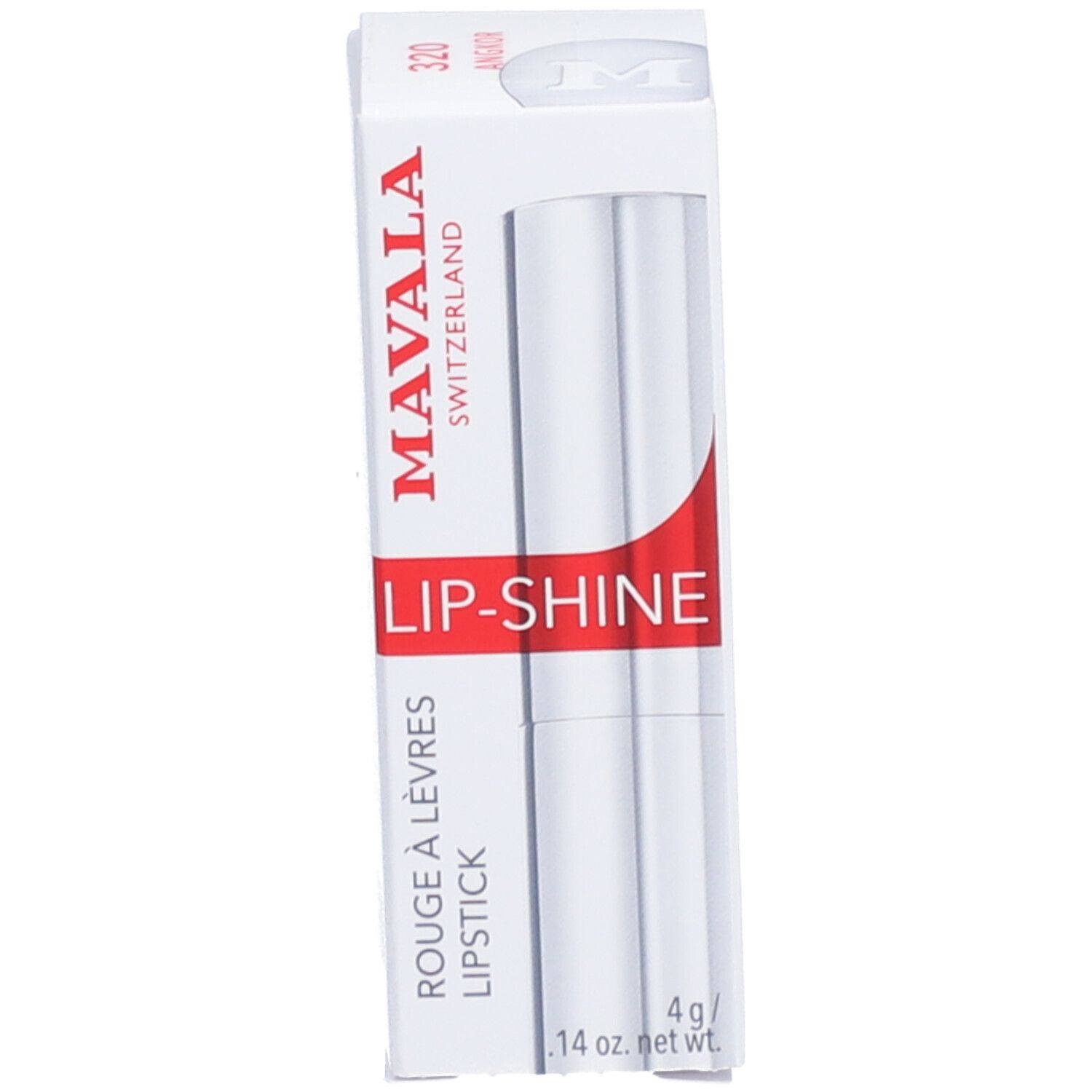 Rouge à lèvres et emballage. Emballage avec inscription: MAVALA LIP-SHINE, Rouge à Lèvres, Lipstick.