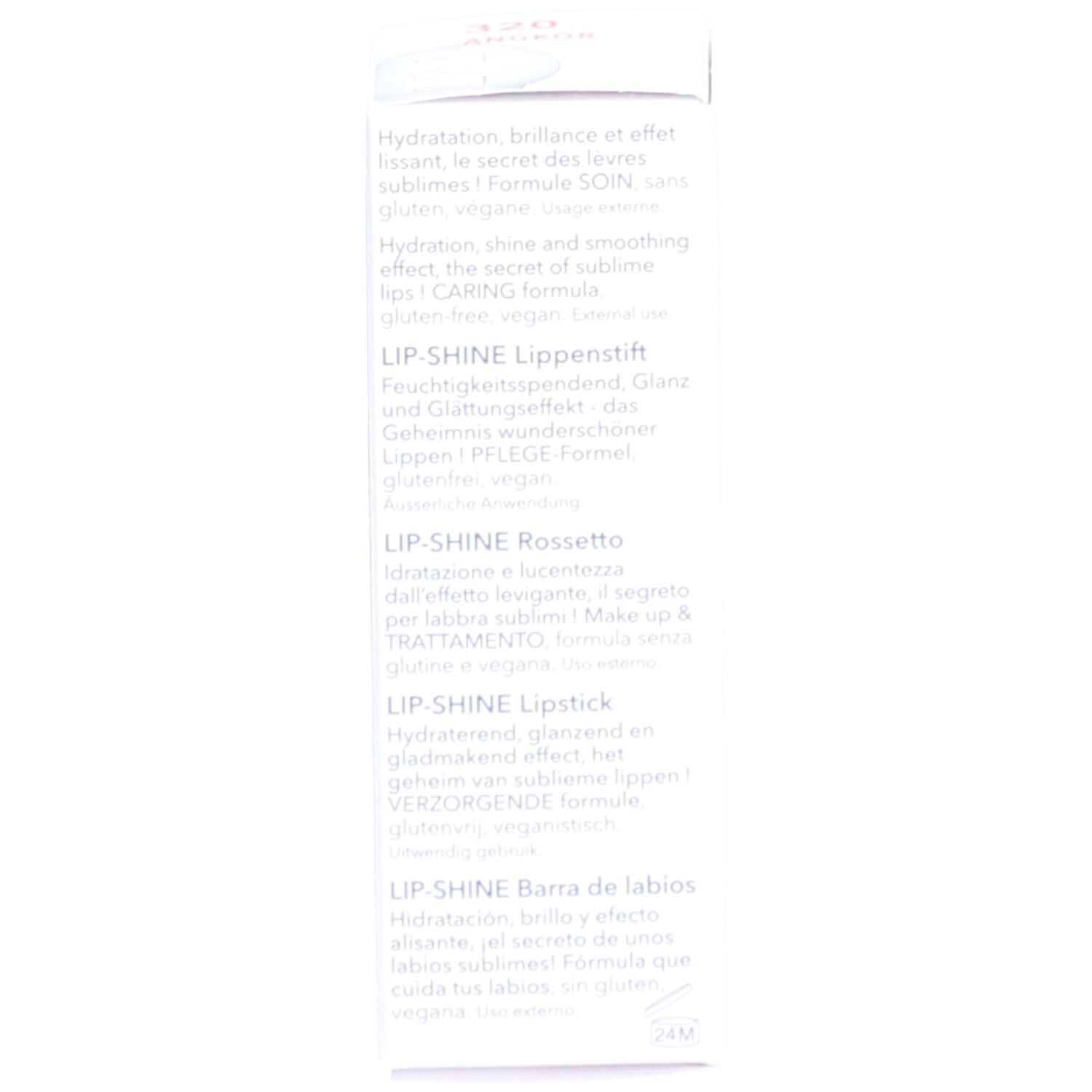 Emballage avec informations produit multilingues. Inscription: LIP-SHINE.
