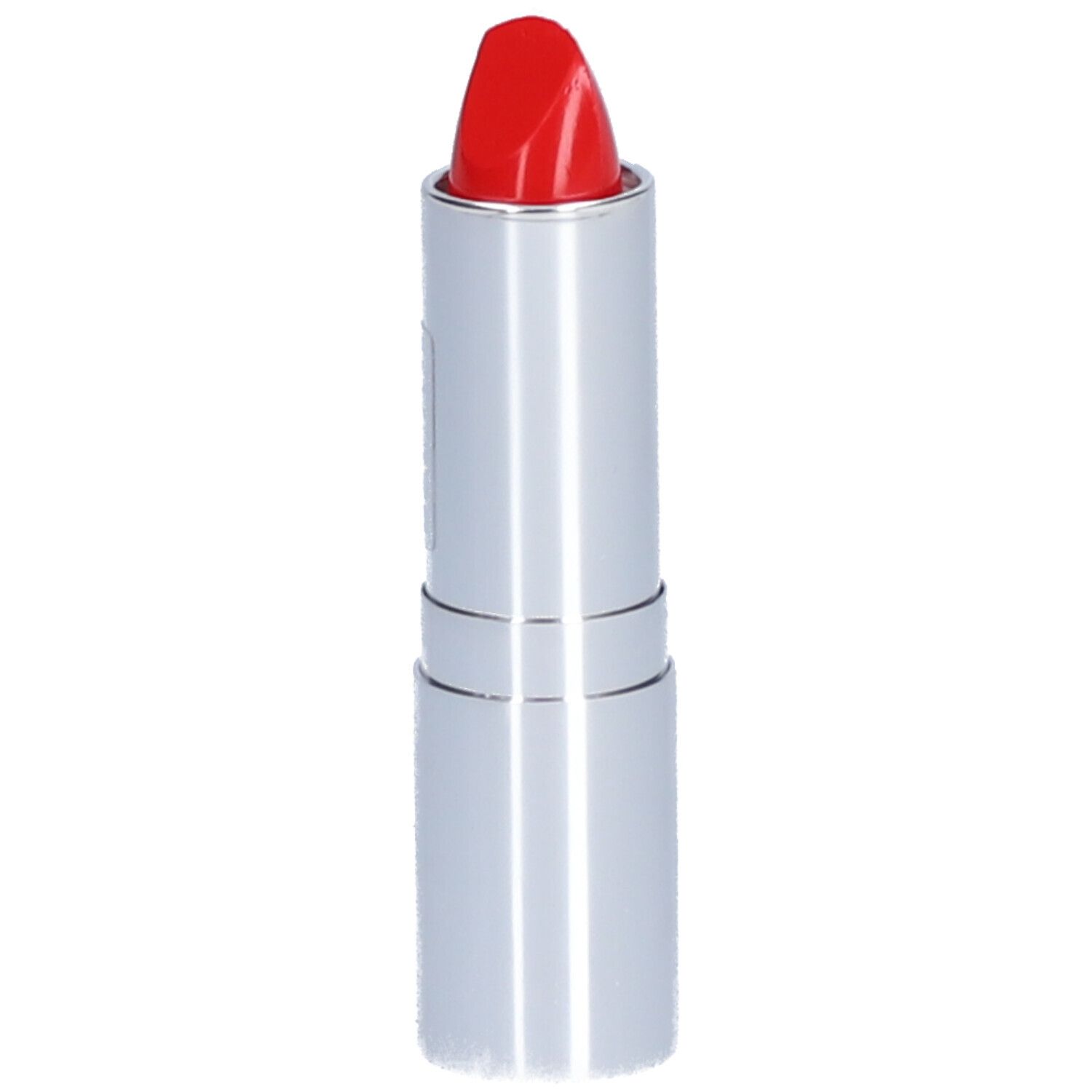 Roter Lippenstift in silberner Hülse. Spitze ausgefahren.