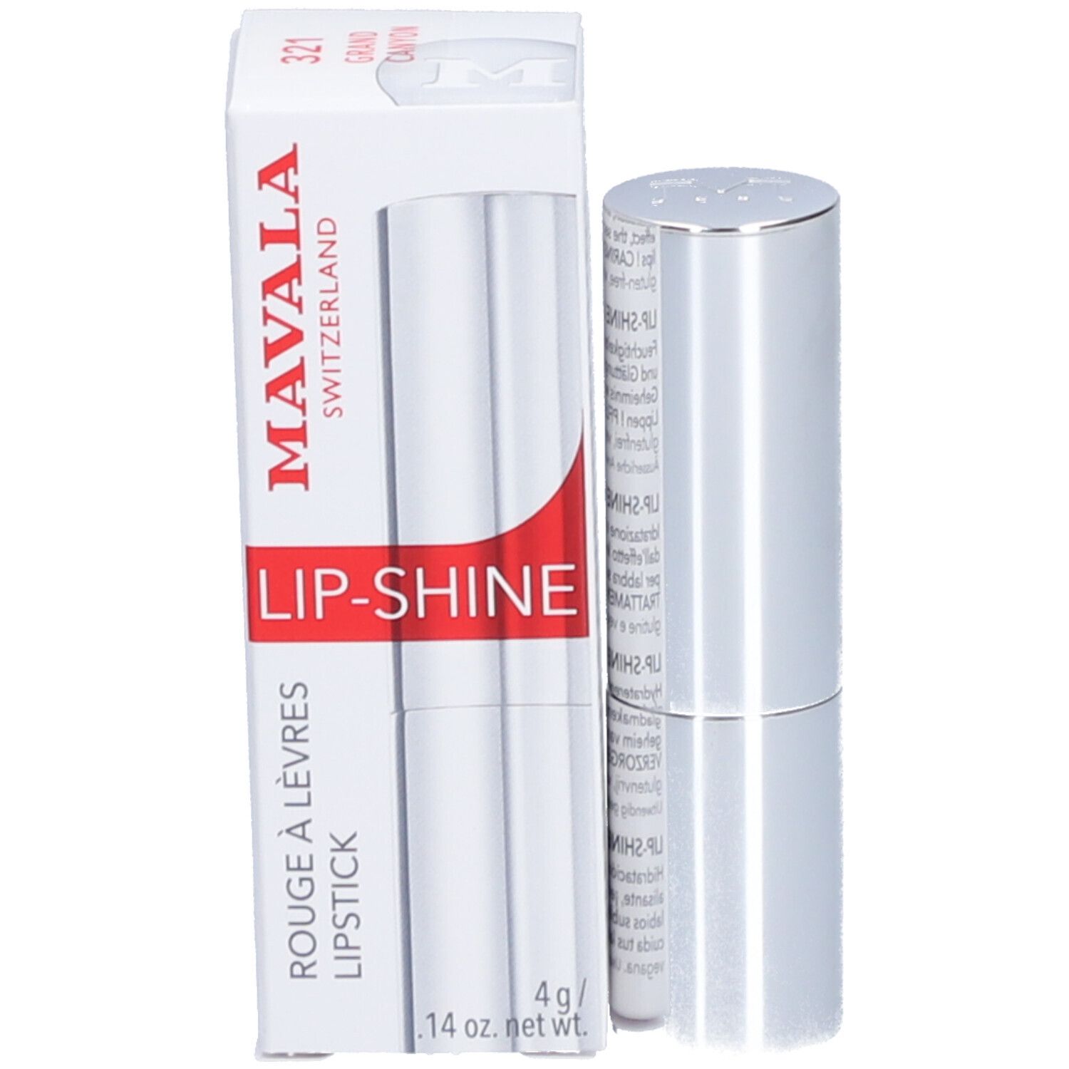 Lippenstift in Verpackung. Silberne Hülse und weiße Schachtel mit Aufschrift 'Mavala'.