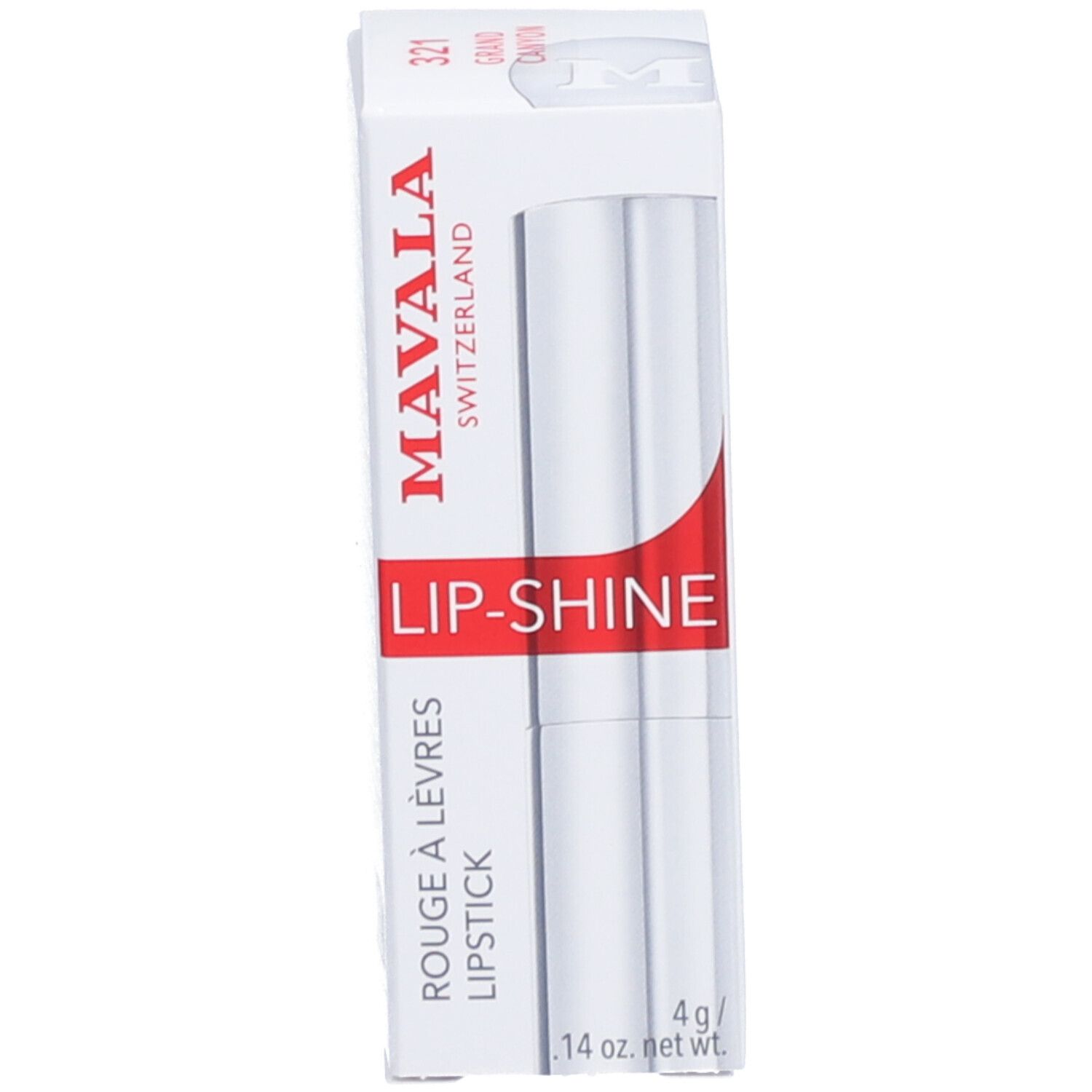 Lippenstift in Verpackung. Weiße Schachtel mit Aufschrift 'Mavala'.