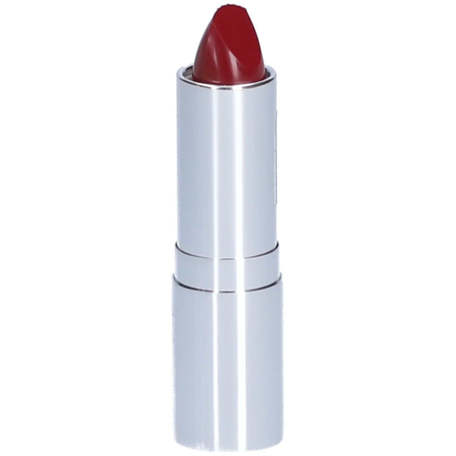 Rouge à lèvres rouge dans un étui argenté.