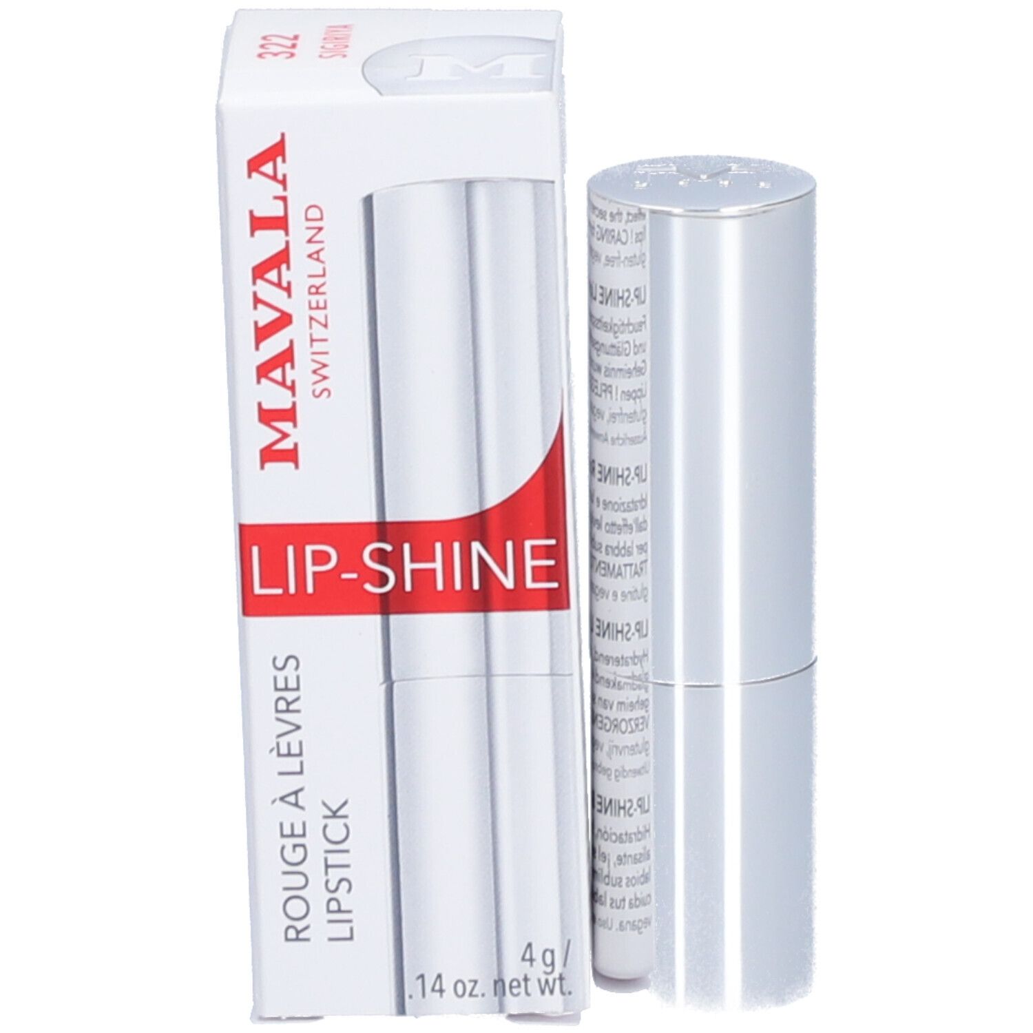 Boîte blanche avec rouge à lèvres et étui argenté. Inscription: MAVALA LIP-SHINE.