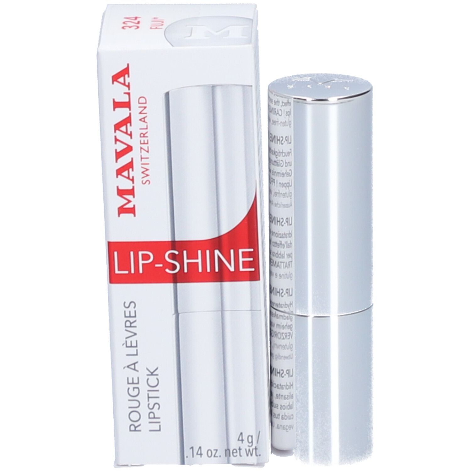 Verpackung mit zwei Lippenstiften. Aufschrift: MAVALA SWITZERLAND LIP-SHINE LIPSTICK. 4 g / .14 oz. net.