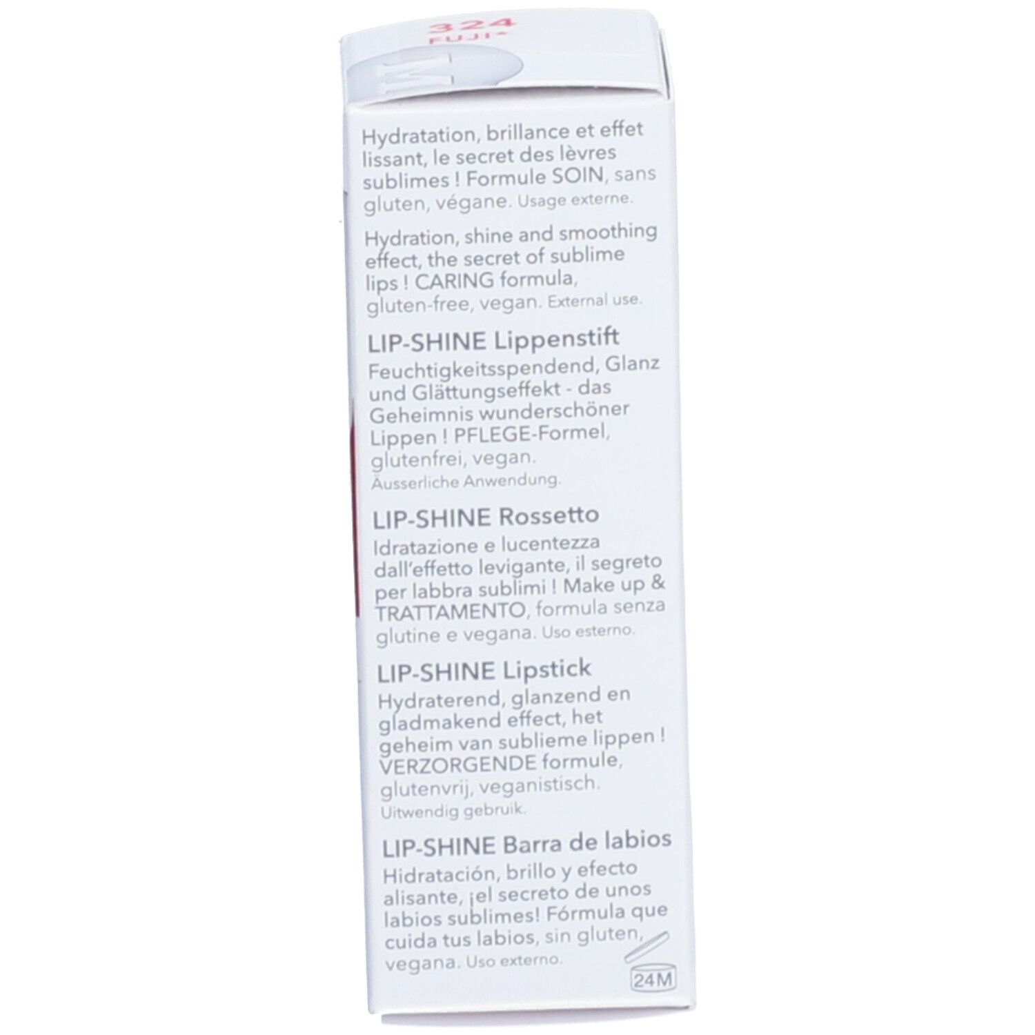 Verpackungstext in verschiedenen Sprachen. LIP-SHINE. Glutenfrei, vegan.