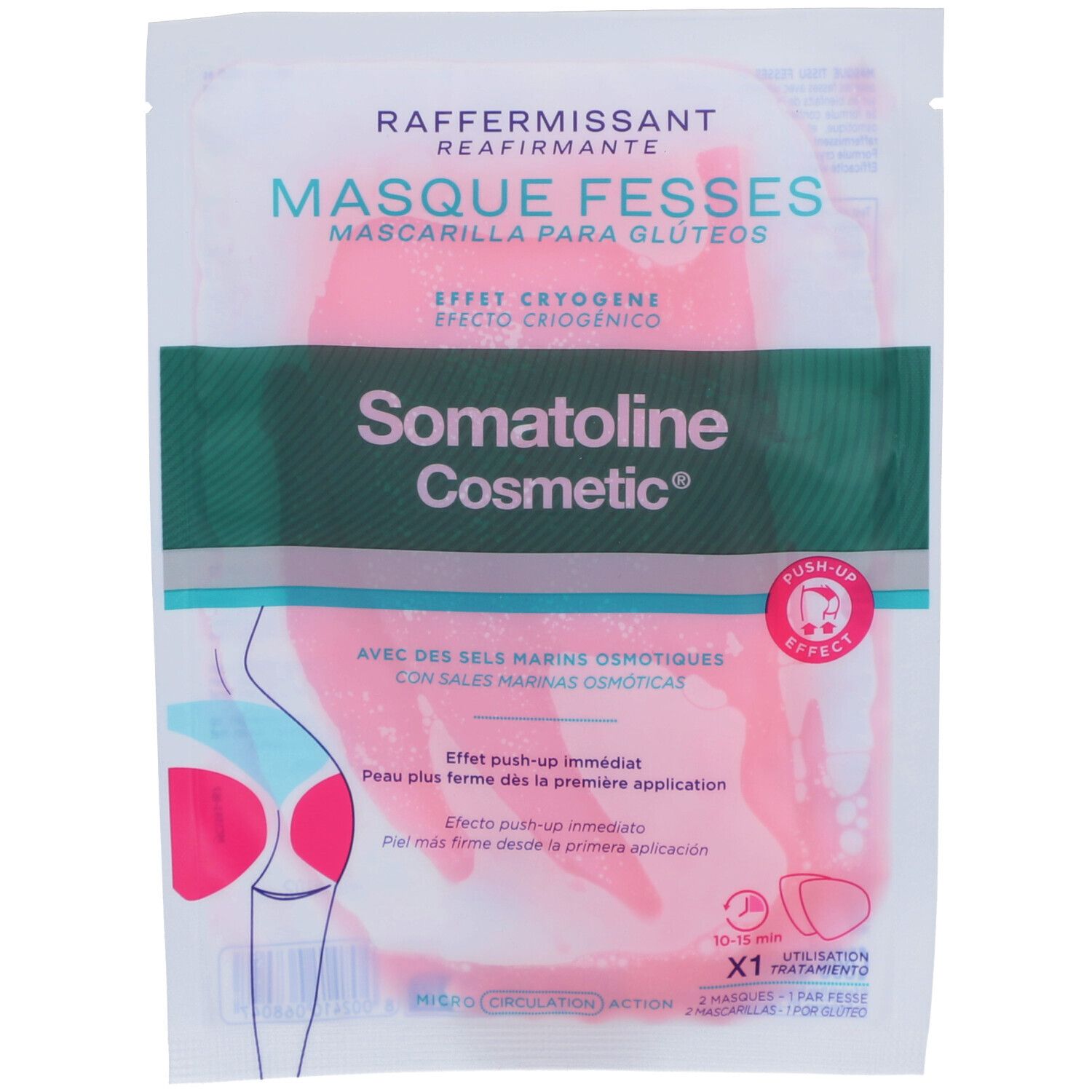 Verpackung mit Produkt für die Gesäßstraffung. Rosa Gel, grüne und weiße Schrift. Marke Somatoline Cosmetic.