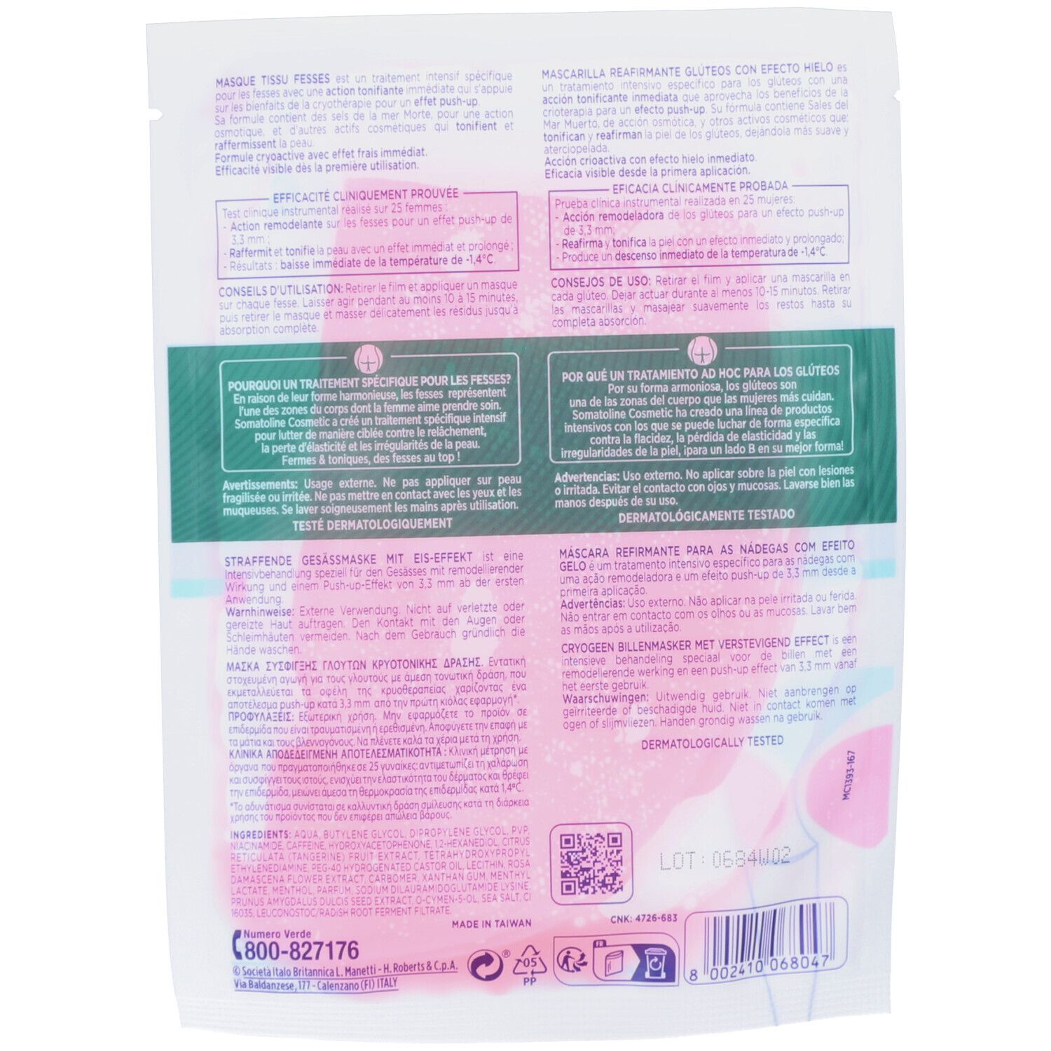 Rückseite der Produktverpackung. Text in mehreren Sprachen. Rosa Hintergrund, weiße Schrift. Dermatologisch getestet.