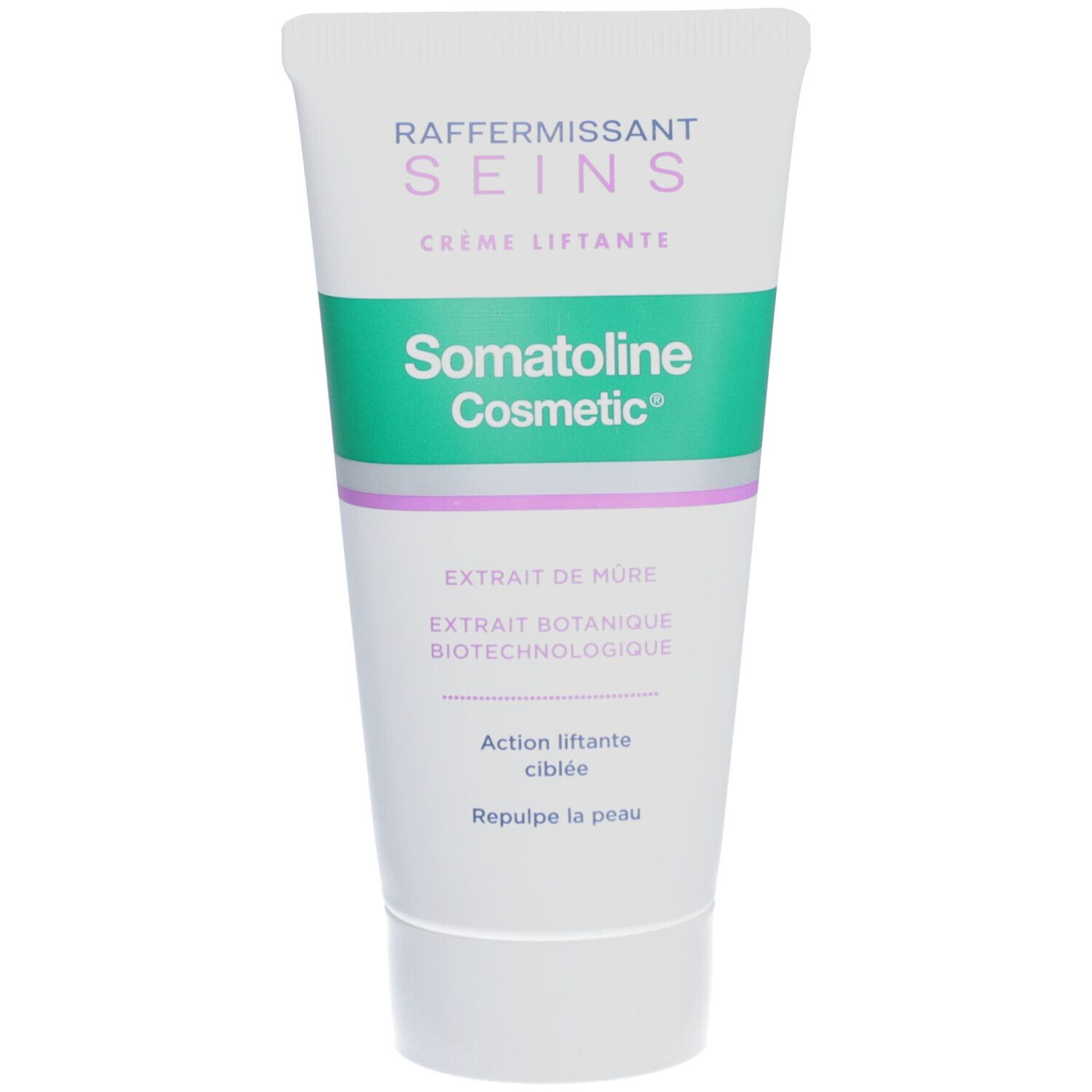 Tube de crème 'RAFFERMISSANT SEINS' et 'Somatoline Cosmetic'. Couleurs vert et blanc.