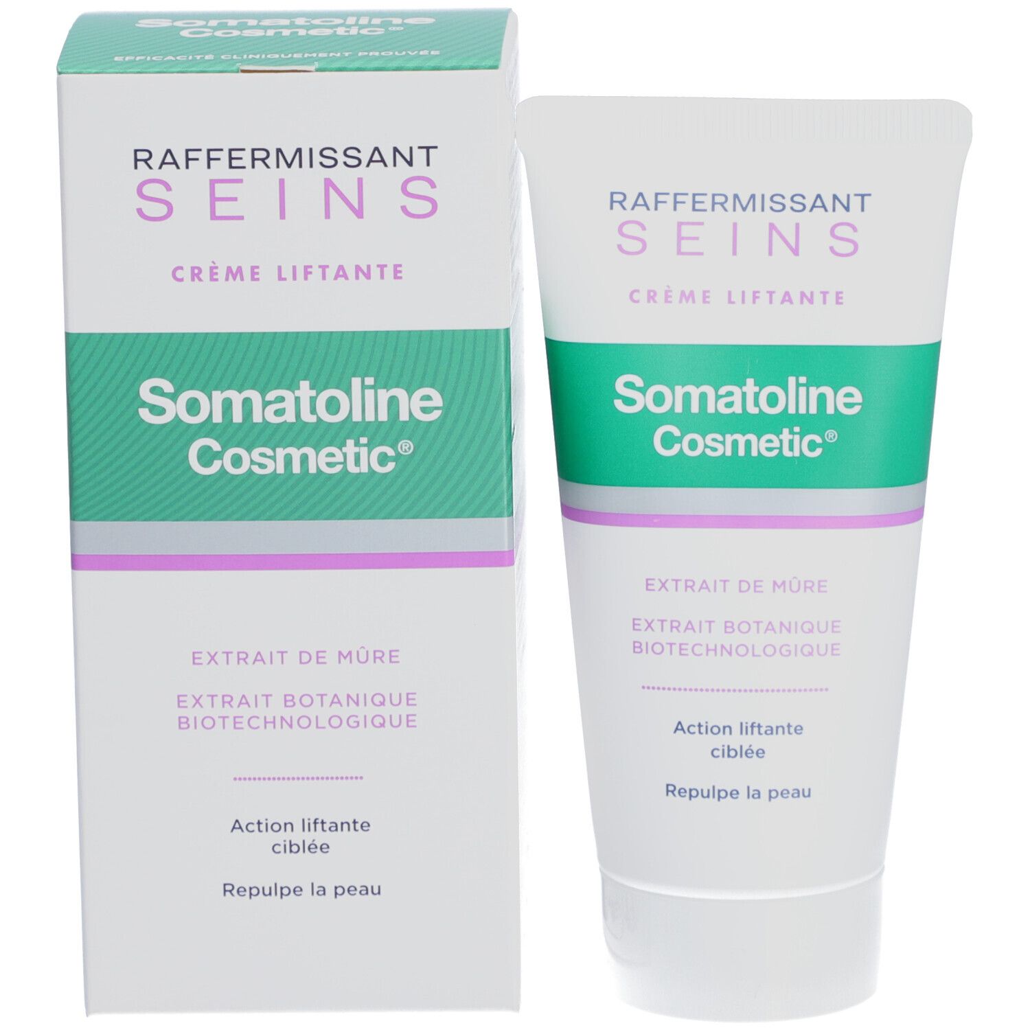 Emballage produit avec tube. Inscription 'RAFFERMISSANT SEINS' et 'Somatoline Cosmetic'. Couleurs vert et blanc.
