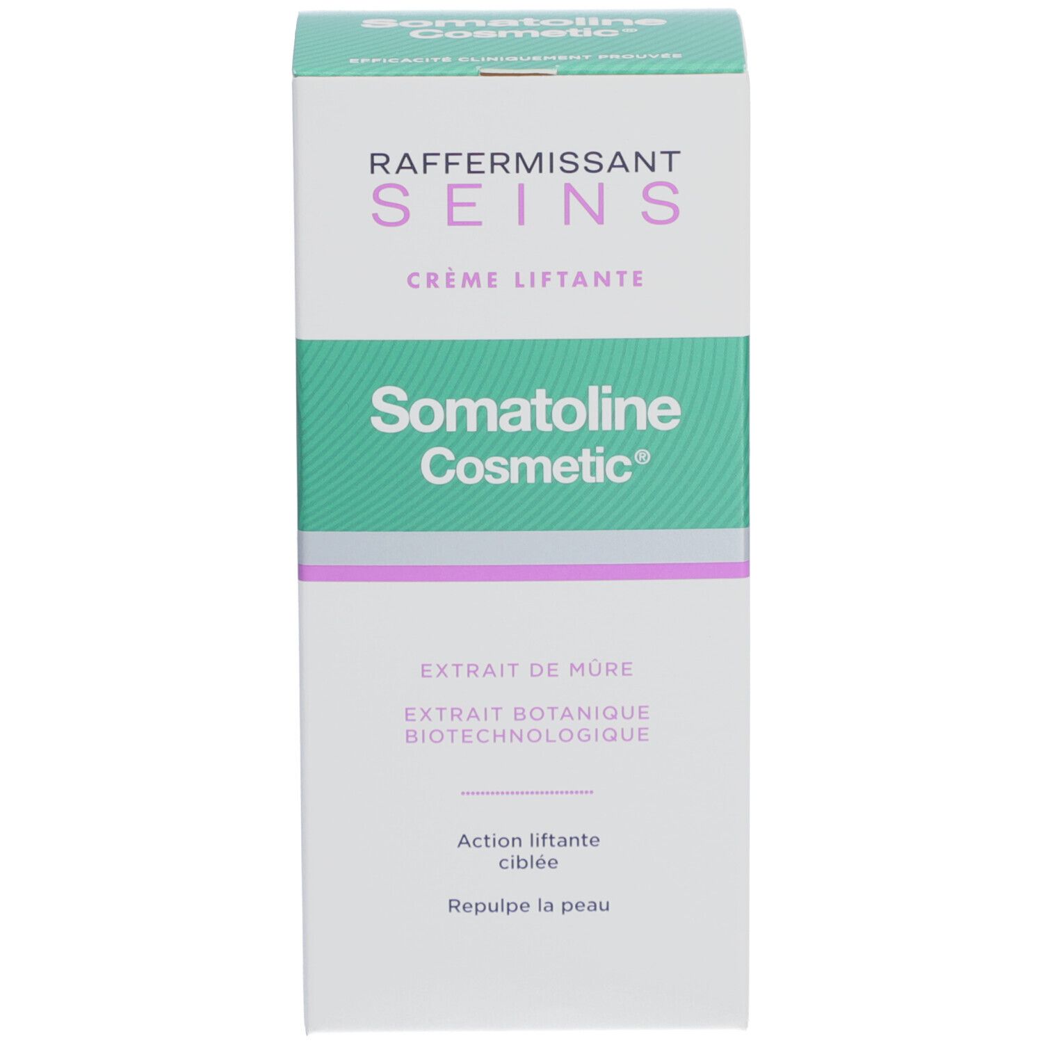 Emballage carton avec inscription 'RAFFERMISSANT SEINS' et 'Somatoline Cosmetic'. Couleurs vert et blanc.