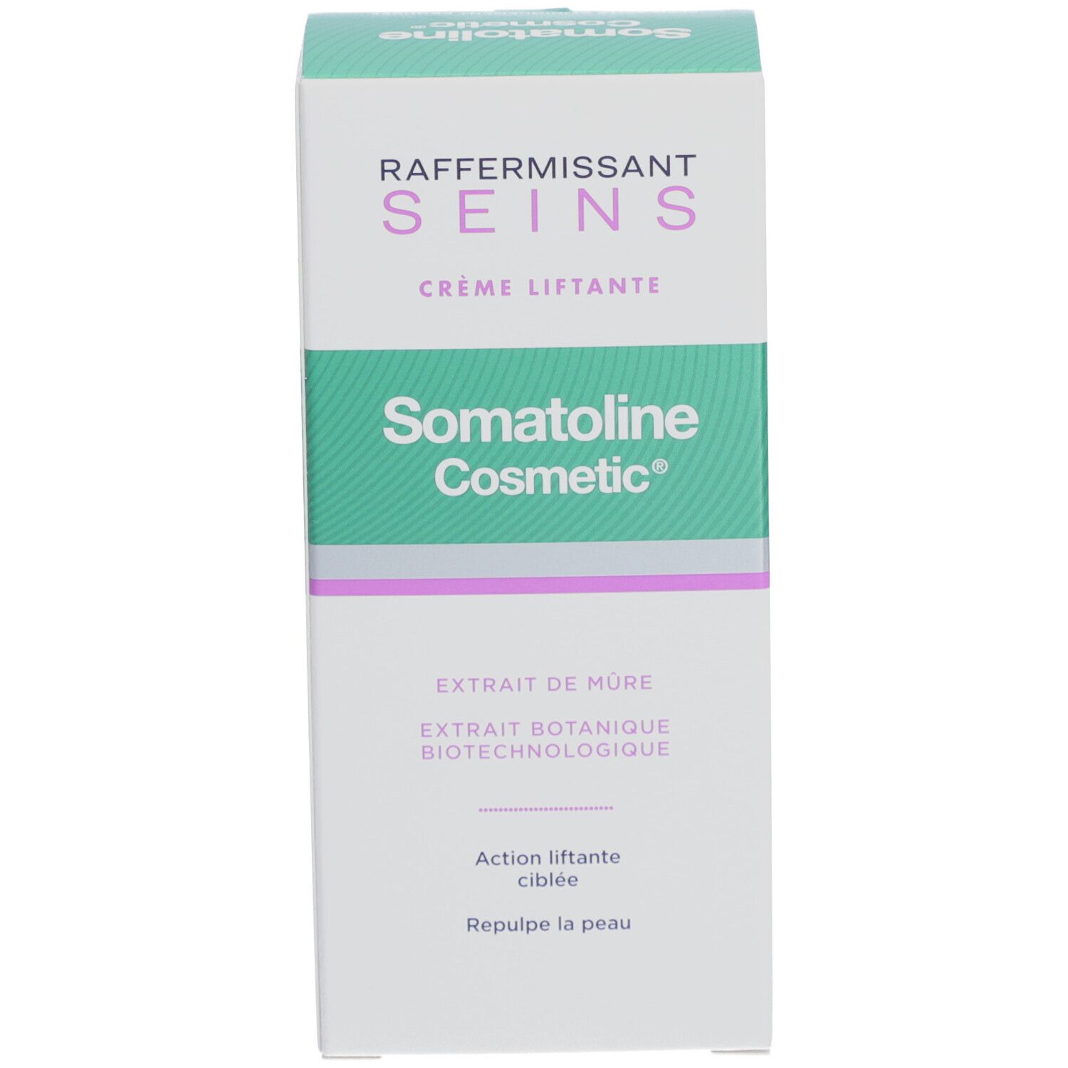 Emballage carton avec inscription 'RAFFERMISSANT SEINS' et 'Somatoline Cosmetic'. Couleurs vert et blanc.