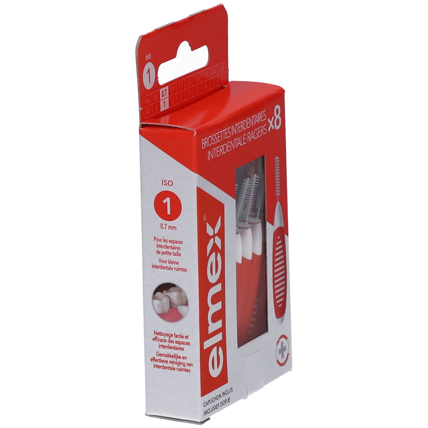 Verpackung mit Interdentalbürsten. Rote Griffe, weiße Borsten. Marke elmex. ISO 1, 0.7mm. Seitenansicht.