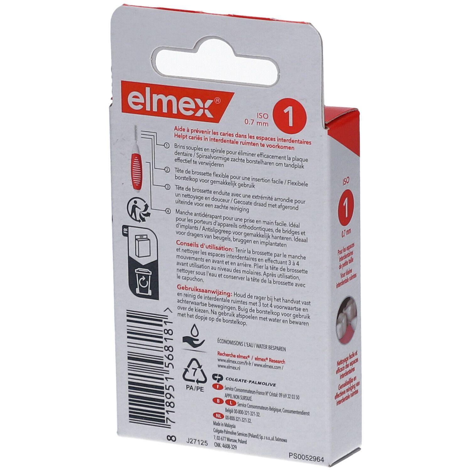 Rückseite der Verpackung mit Produktinformationen. Marke elmex. ISO 1, 0.7mm. Gebrauchsanweisung.