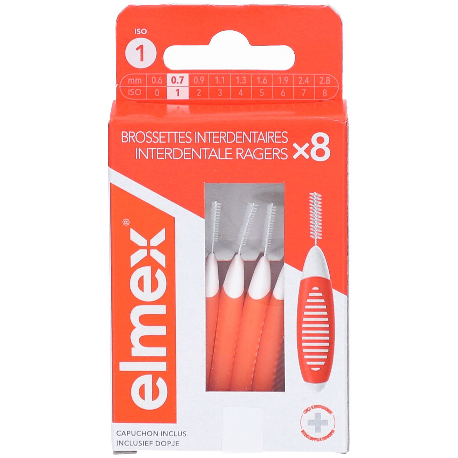 Verpackung mit 8 Interdentalbürsten. Rote Griffe, weiße Borsten. Marke elmex. ISO 1, 0.7mm.