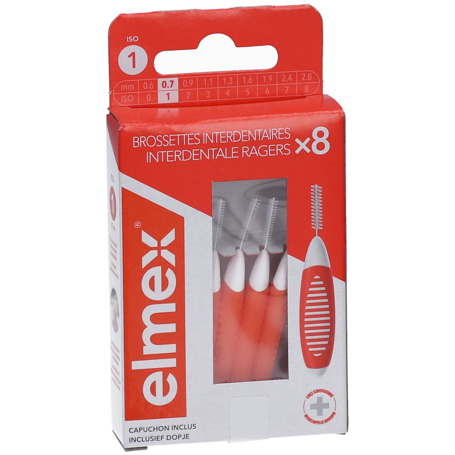 Verpackung mit 8 Interdentalbürsten. Rote Griffe, weiße Borsten. Marke elmex. ISO 1, 0.7mm.