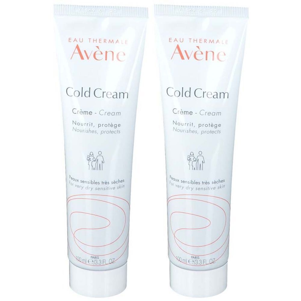 Zwei Tuben Creme. Aufschrift: Avène Cold Cream. Für sehr trockene, empfindliche Haut. Weiß, mit roter Schrift.