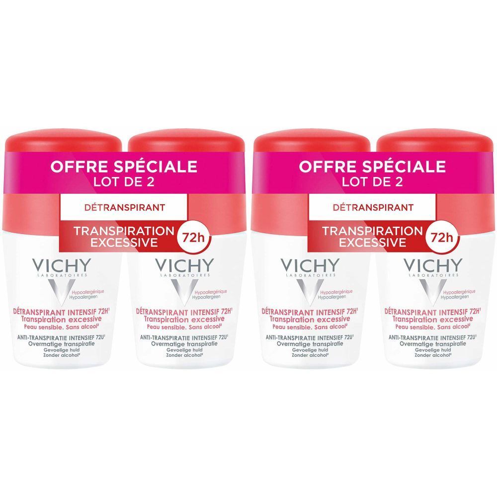 Quatre déodorants roll-on. Bouchons roses, flacons blancs. Inscriptions: OFFRE SPÉCIALE, LOT DE 2, DÉTRANSPIRANT, TRANSPIRATION EXCESSIVE, VICHY, 72h.