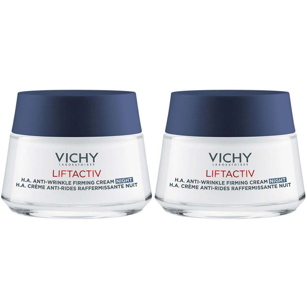 Zwei Tiegel Nachtcreme. Weißes Glas, blauer Deckel. Aufschrift: VICHY, LIFTACTIV, H.A. Anti-Falten. Straffende Nachtcreme.
