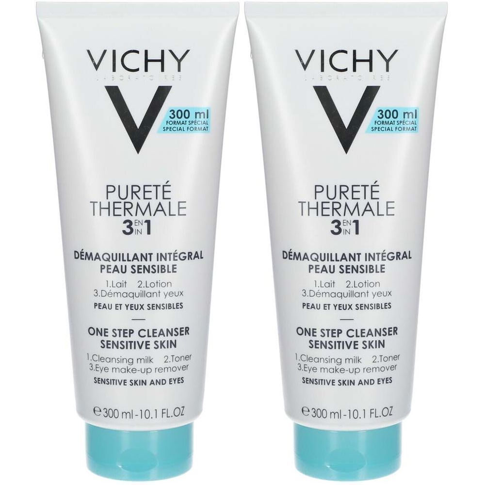 Zwei weiße Tuben mit blauer Kappe. Aufschrift: VICHY, Pureté Thermale 3 in 1, Démaquillant Intégral Peau Sensible.