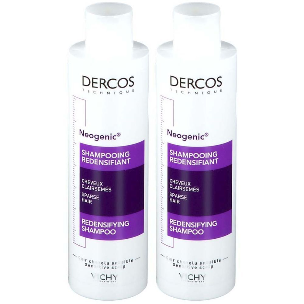 Deux flacons blancs avec étiquettes violettes. Inscription: Dercos Technique, Neogenic, Shampooing Redensifiant.