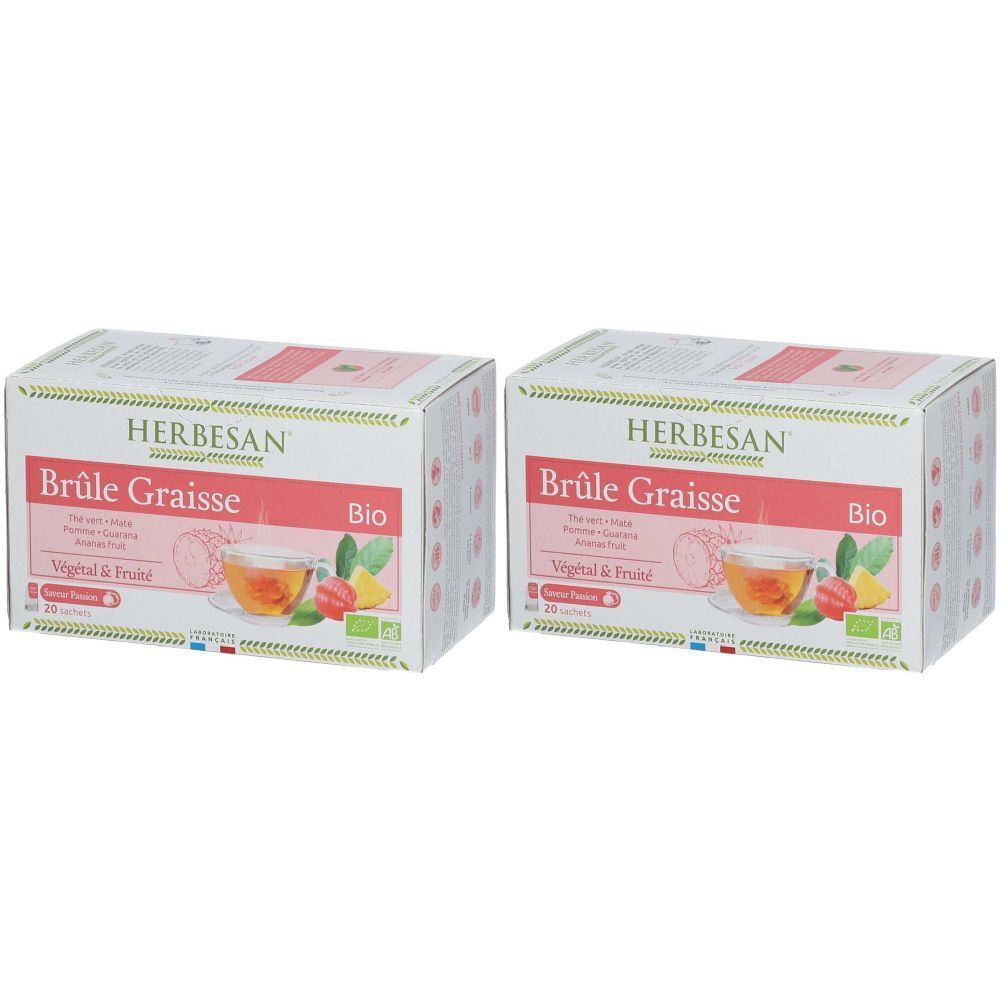 Zwei Kartons mit der Aufschrift "Herbesan Brûle Graisse Bio". Aufdrucke: Teebeutel, Früchte, Kräuter. Bio-Siegel.