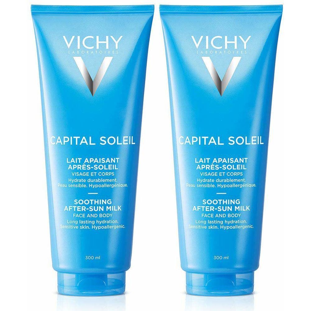 Deux tubes bleus avec texte blanc. Inscription : VICHY, CAPITAL SOLEIL, lait après-soleil. Pour visage et corps.