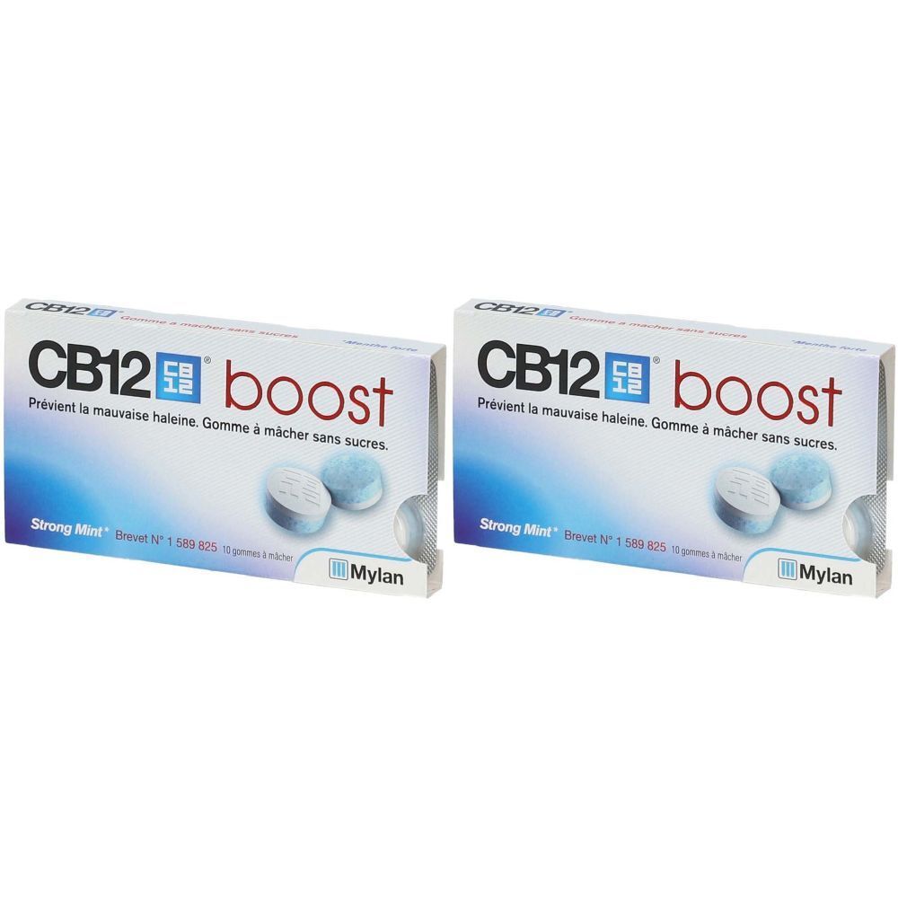 Deux boîtes de chewing-gums CB12 boost. Boîtes blanches avec chewing-gums bleus. Inscription : CB12 boost, prévient la mauvaise haleine, sans sucre.