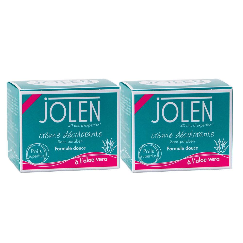 Zwei Schachteln Jolen Crème Décolorante. Türkis-weißes Design mit rosa Akzenten. Text: "à l'aloe vera".